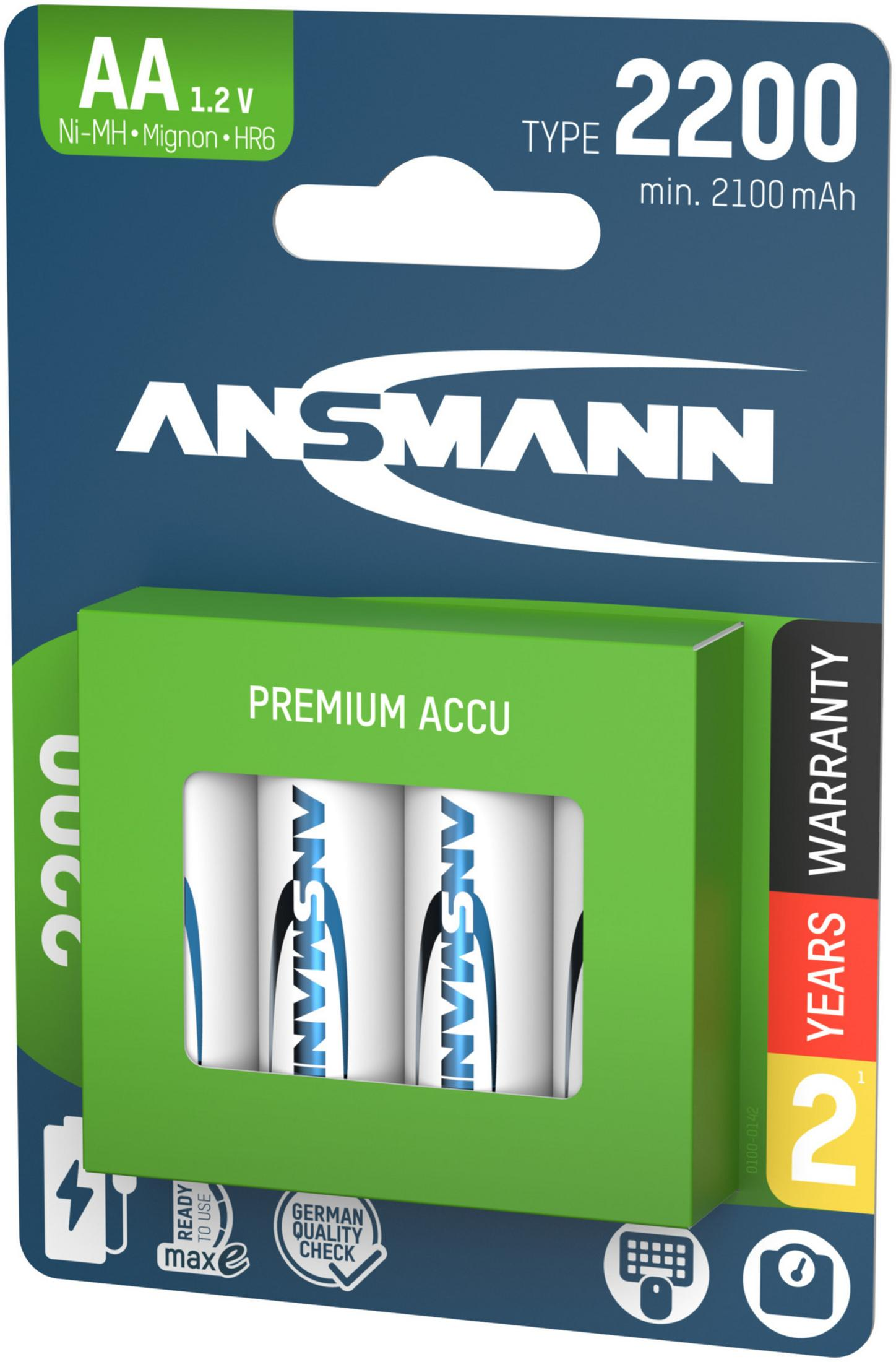 Paquete de cuatro pilas AA Ansmann, 1.2V, 2100mAh, Premium Accu.