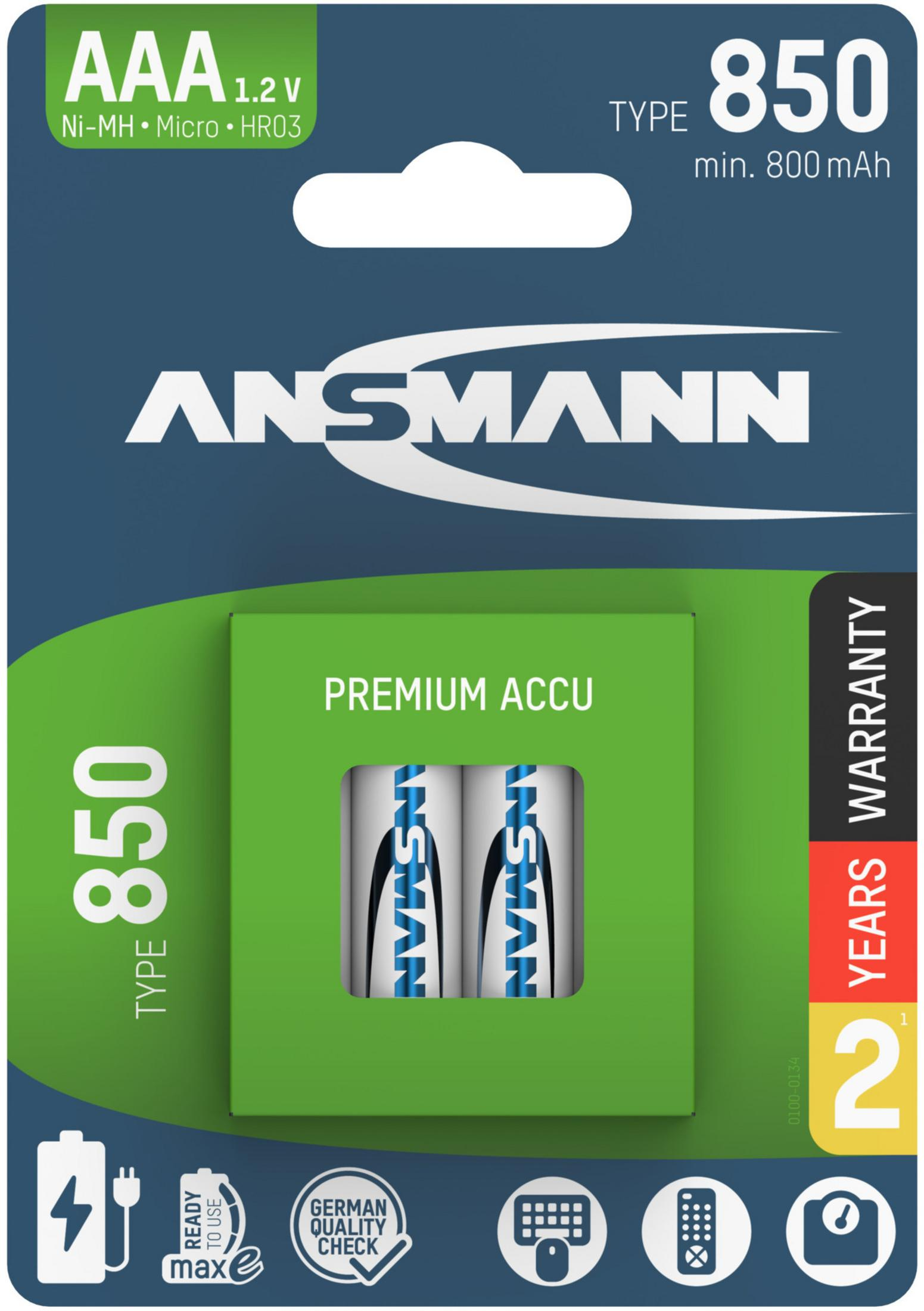Embalaje para pilas AAA ANSMANN, tipo 850, 1.2V, 800mAh, con 2 pilas.
