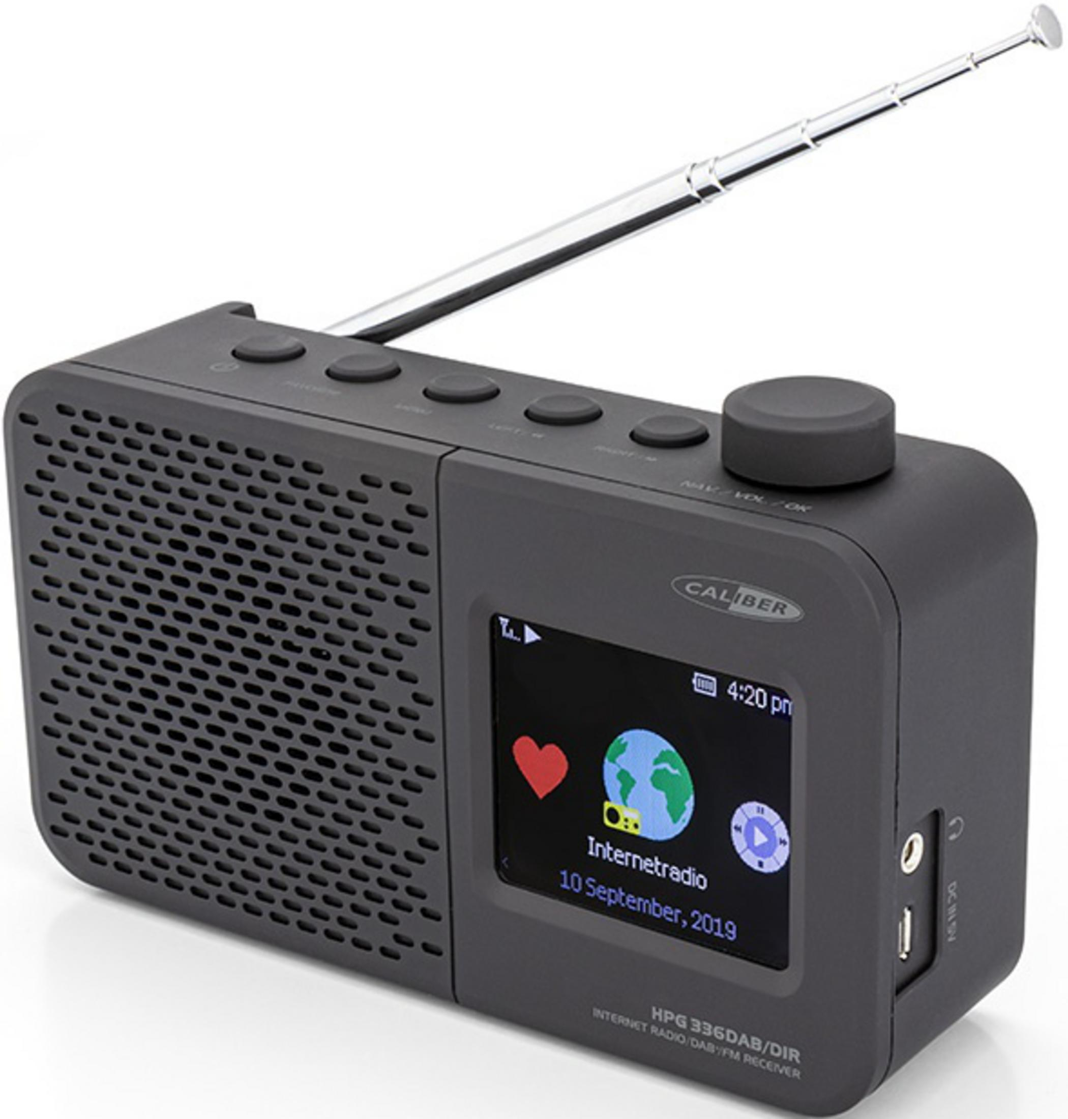 Ein graues DAB/FM-Internetradio mit ausgefahrenem Antennenstab und Bildschirm.