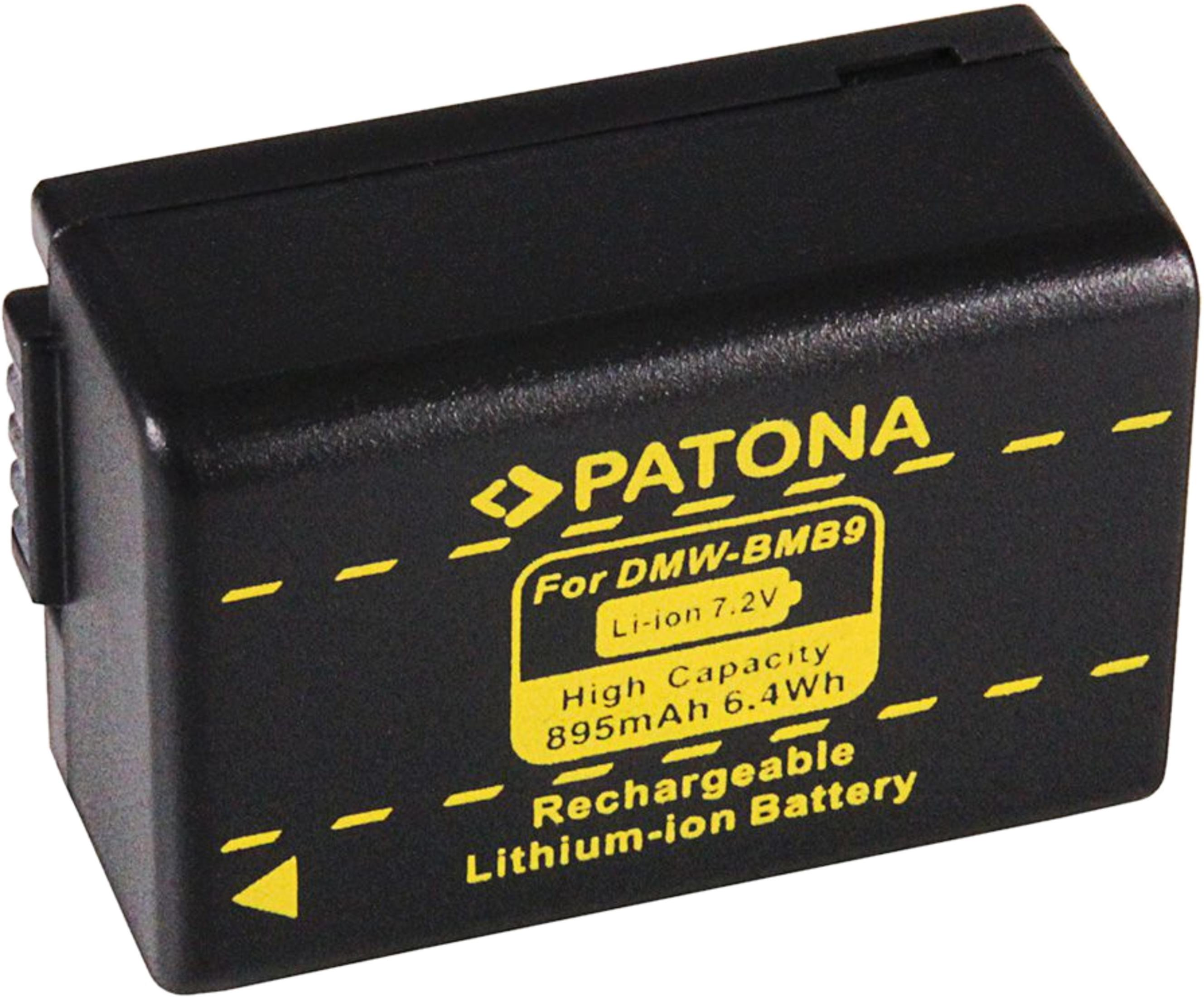 Schwarzer Akku mit gelben Markierungen und Text: PATONA, Li-ion 7.2V, 895mAh.