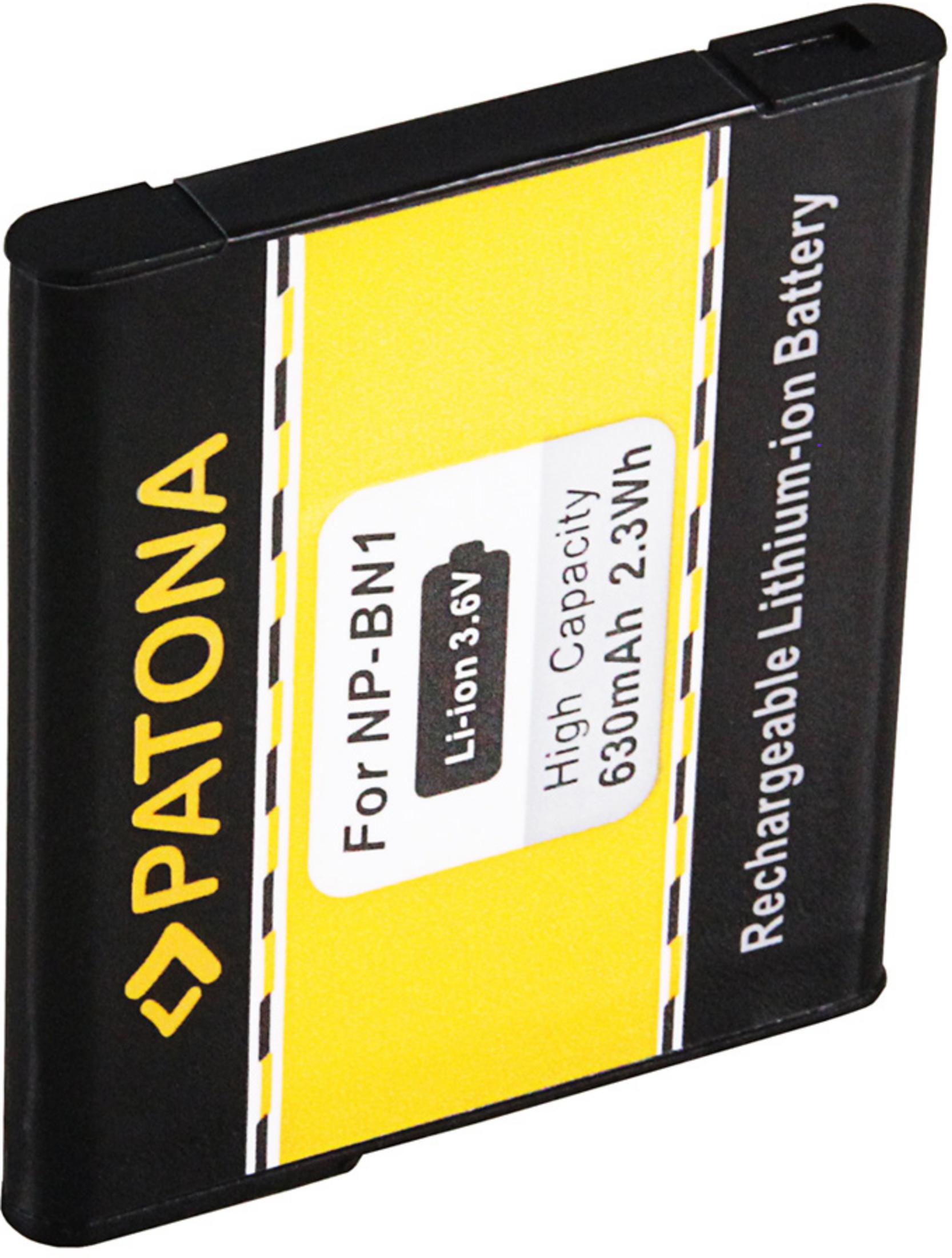 Schwarzer Akku mit gelbem Etikett, für NP-BN1, 3,6V, 630mAh.