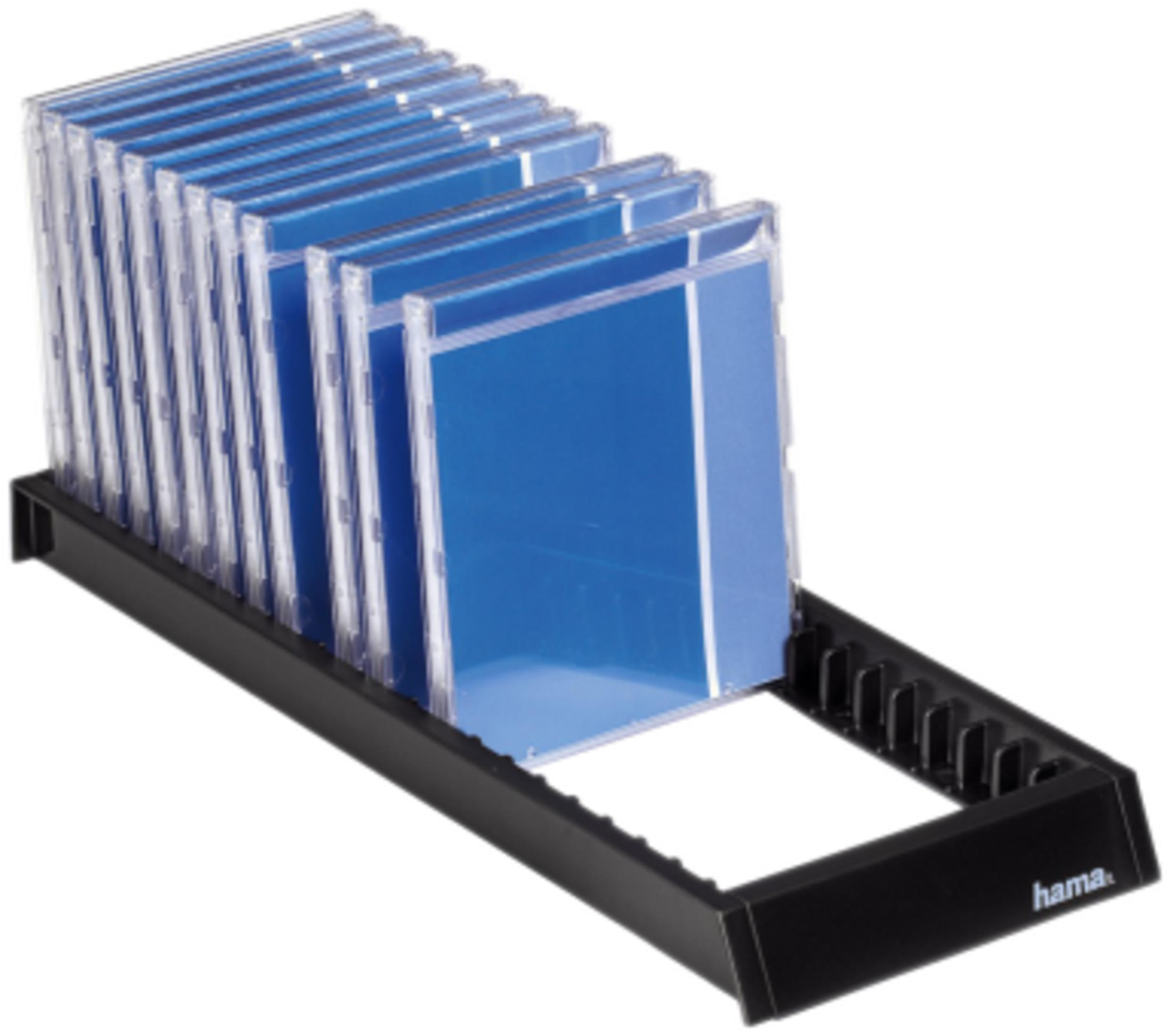 Schwarzer CD-Ständer mit vielen blauen CD-Hüllen, die darin aufrecht stehen.