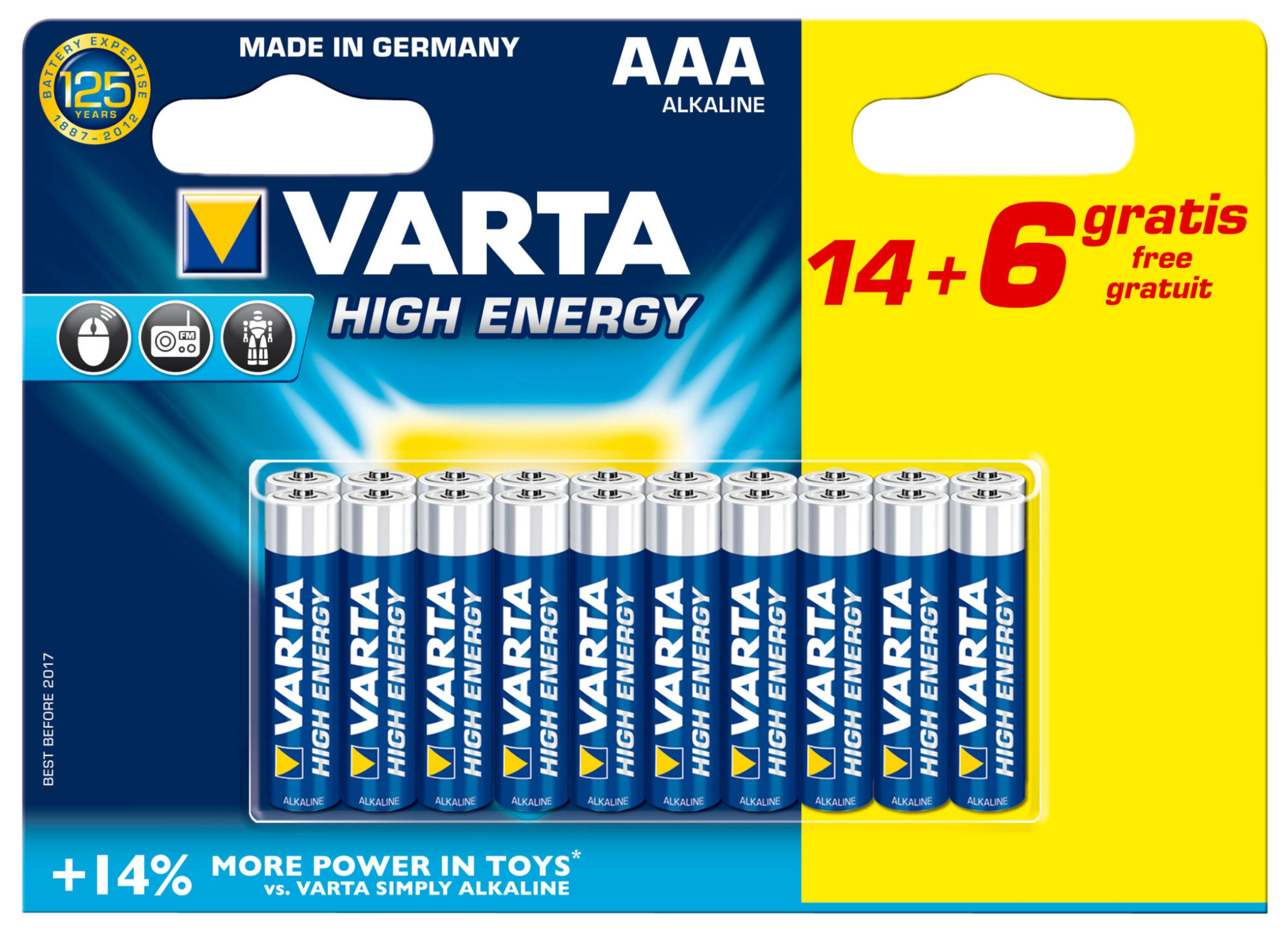 Baterie Varta AAA alkaliczne: opakowanie 14+6 gratis z 10 bateriami.