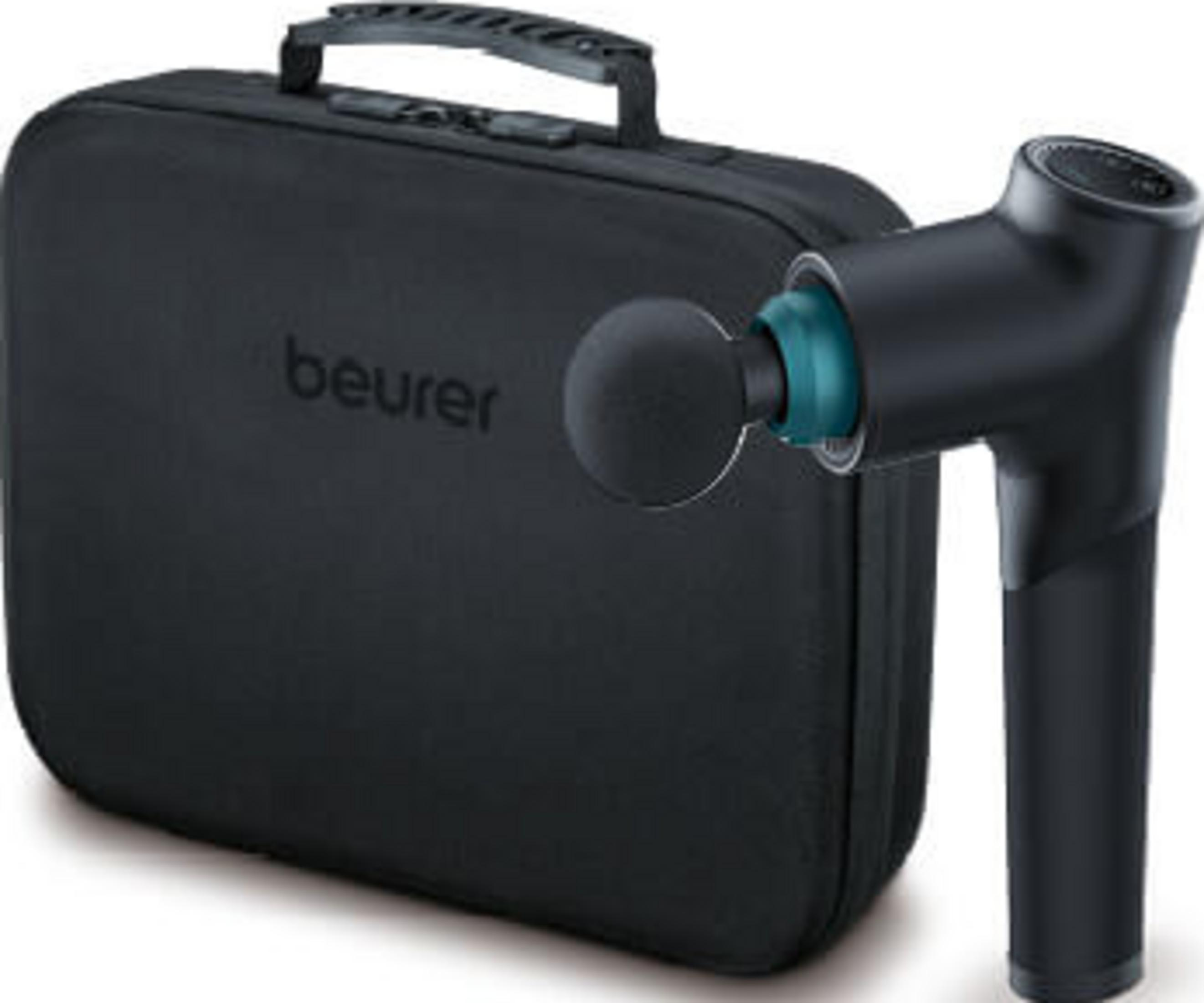 Schwarze Massagepistole mit Koffer und Aufsatz.