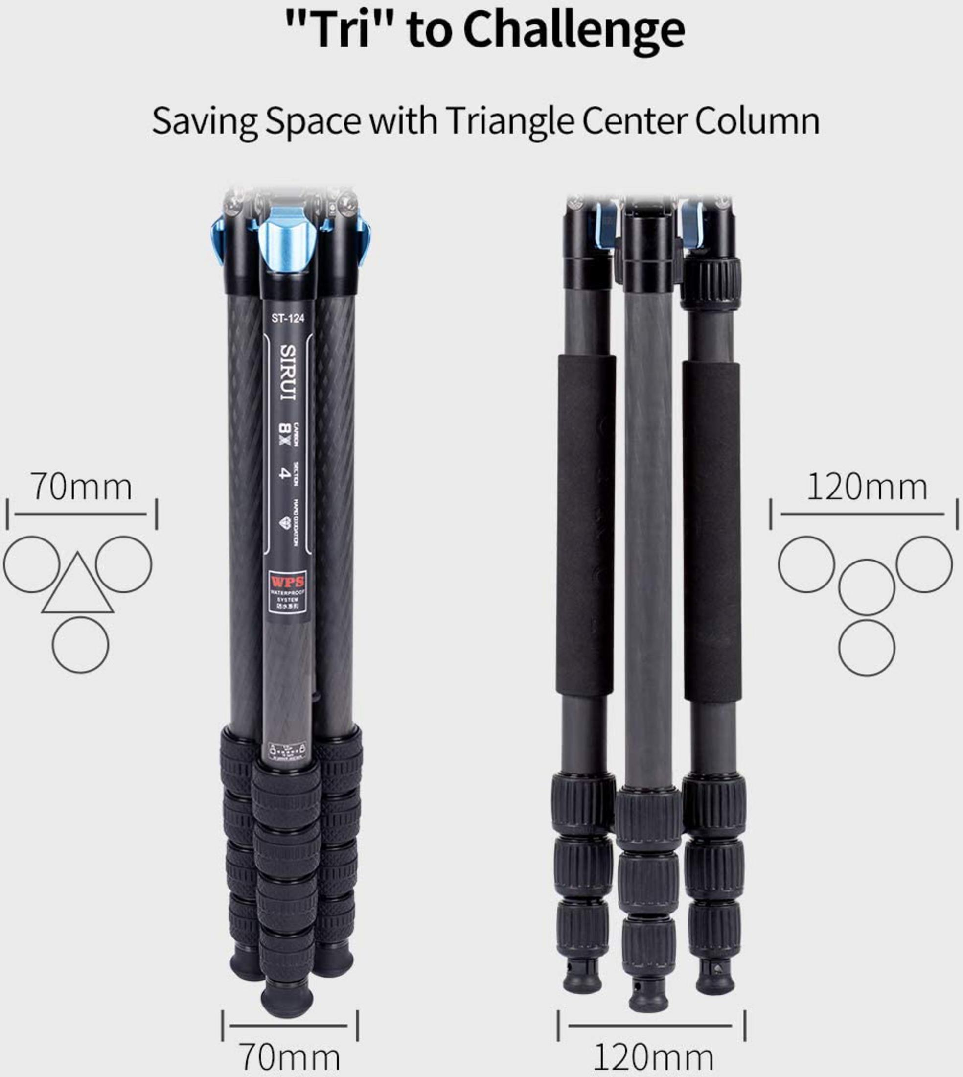 Two tripods compared: one with 70mm and one with 120mm base width.