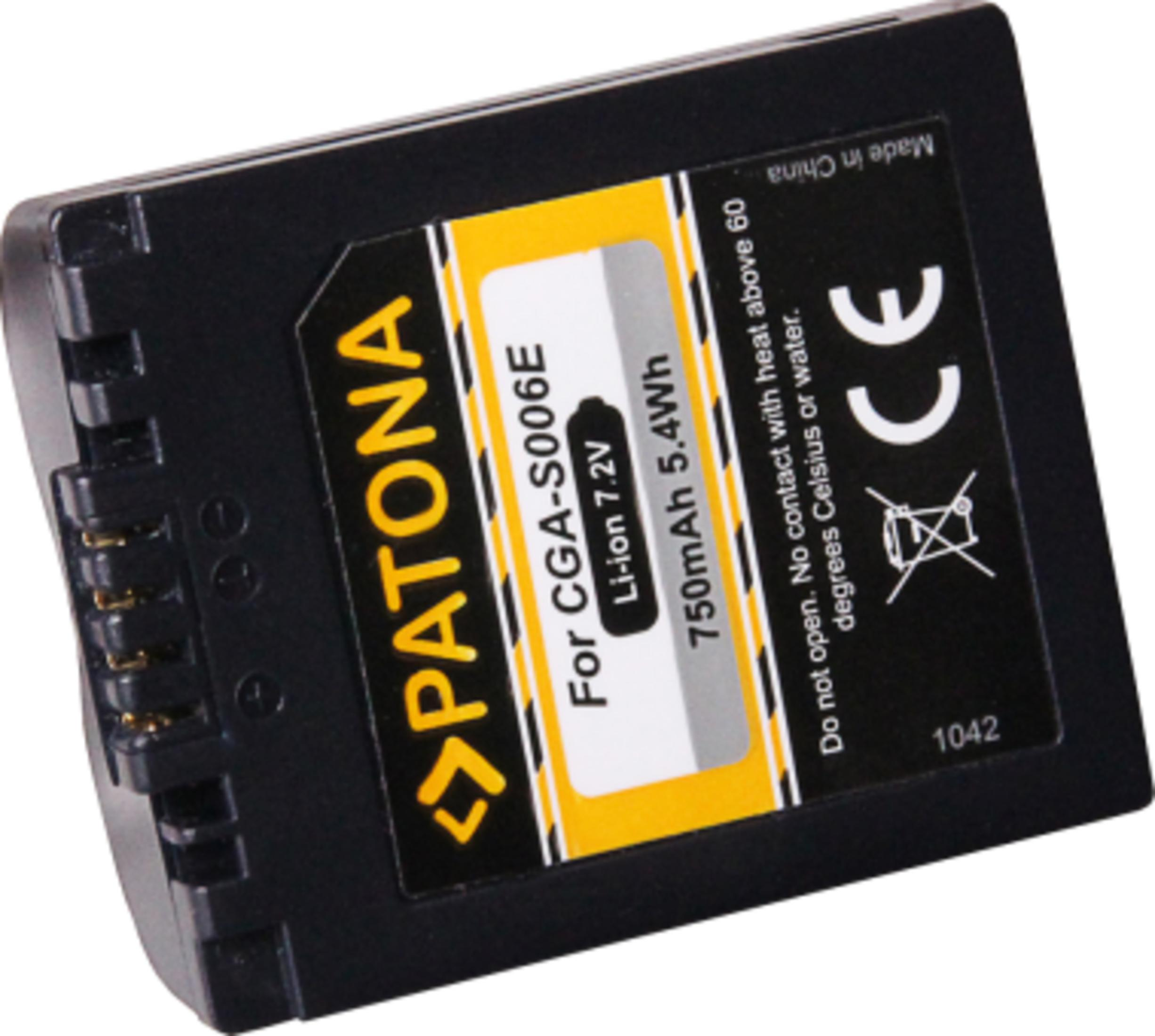 Schwarzer Akku mit gelbem Etikett: PATONA, CGA-S006E, 7.2V, 750mAh.