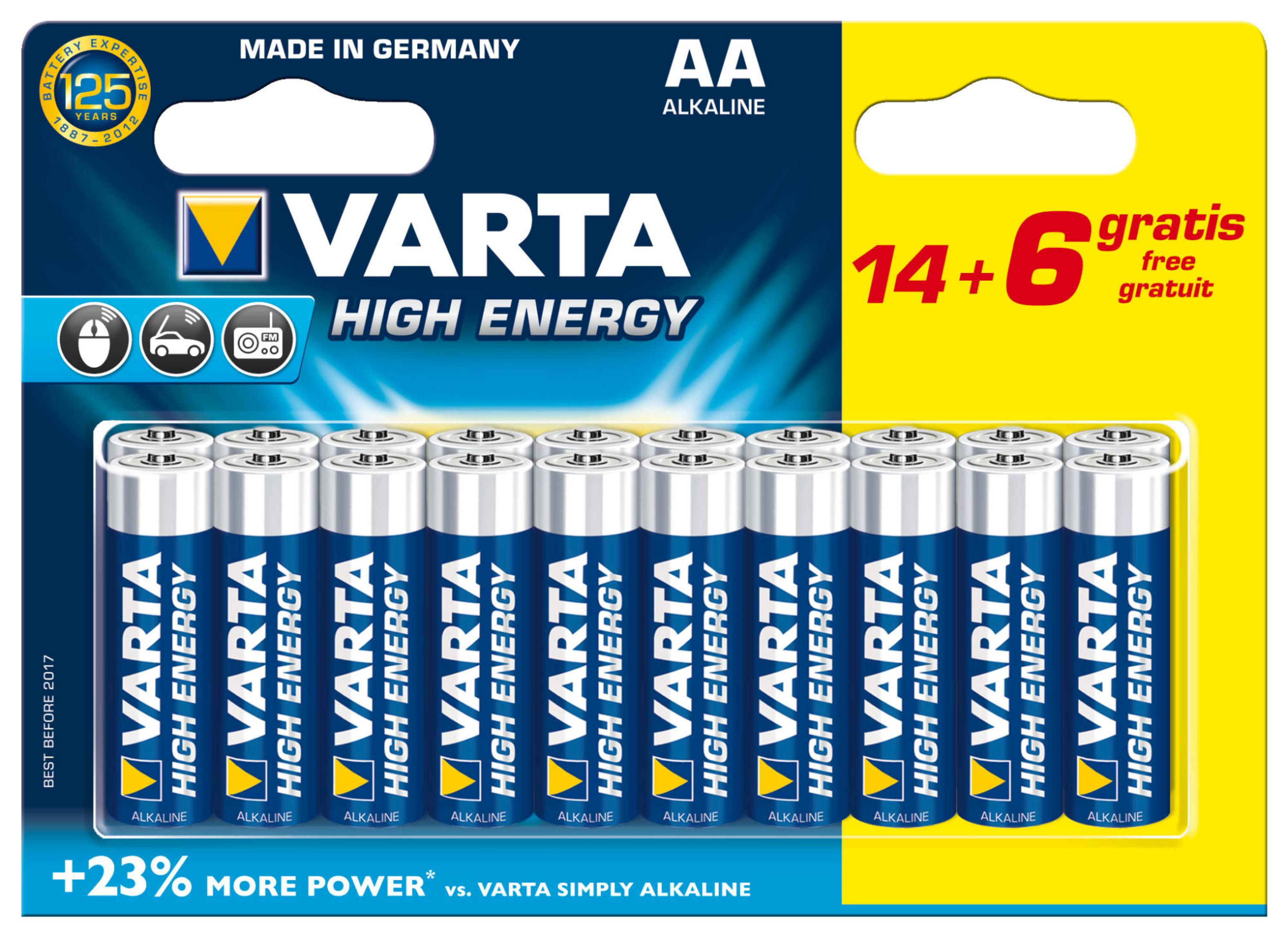 Baterie Varta AA alkaliczne, opakowanie 14+6 gratis, Made in Germany.