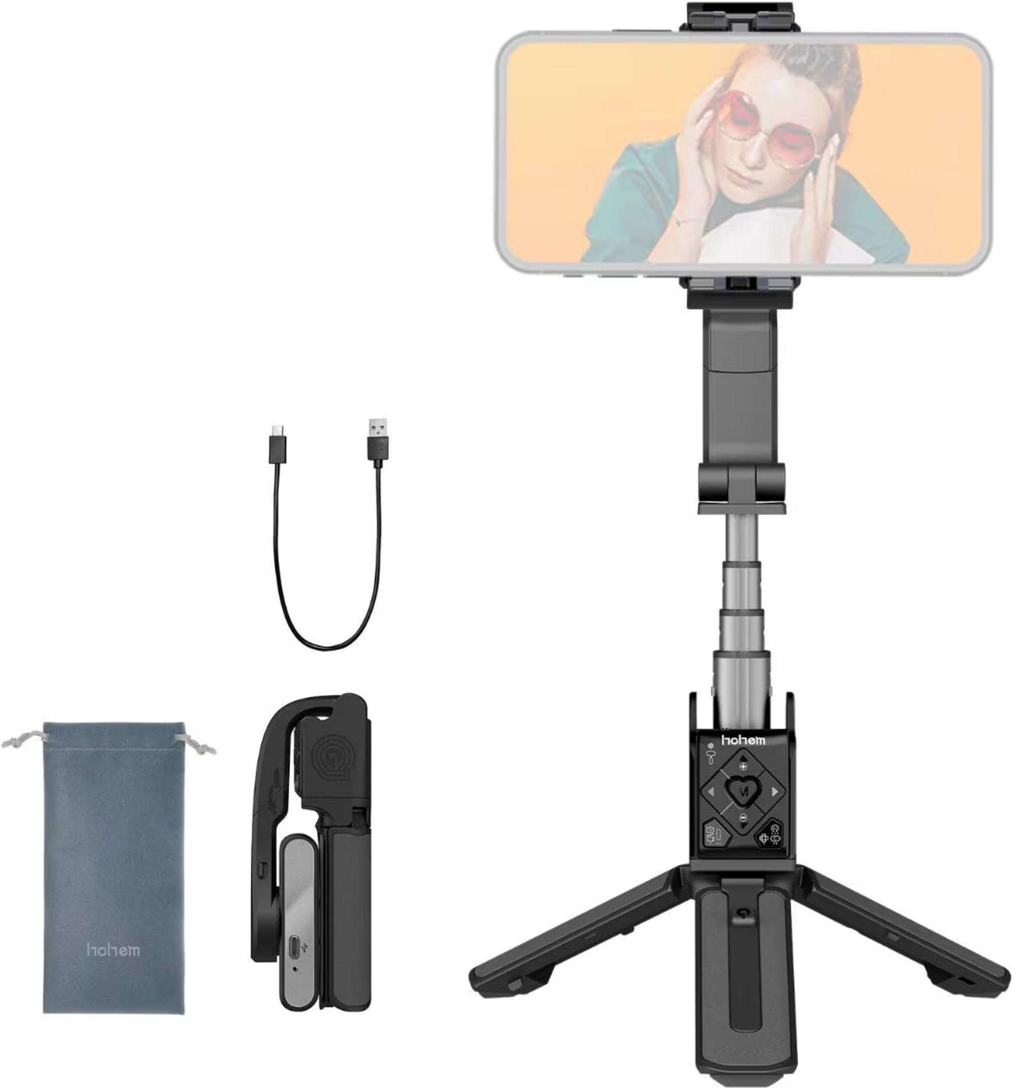 Gimbal do smartfona ze statywem, kablem ładującym i etui na białym tle.