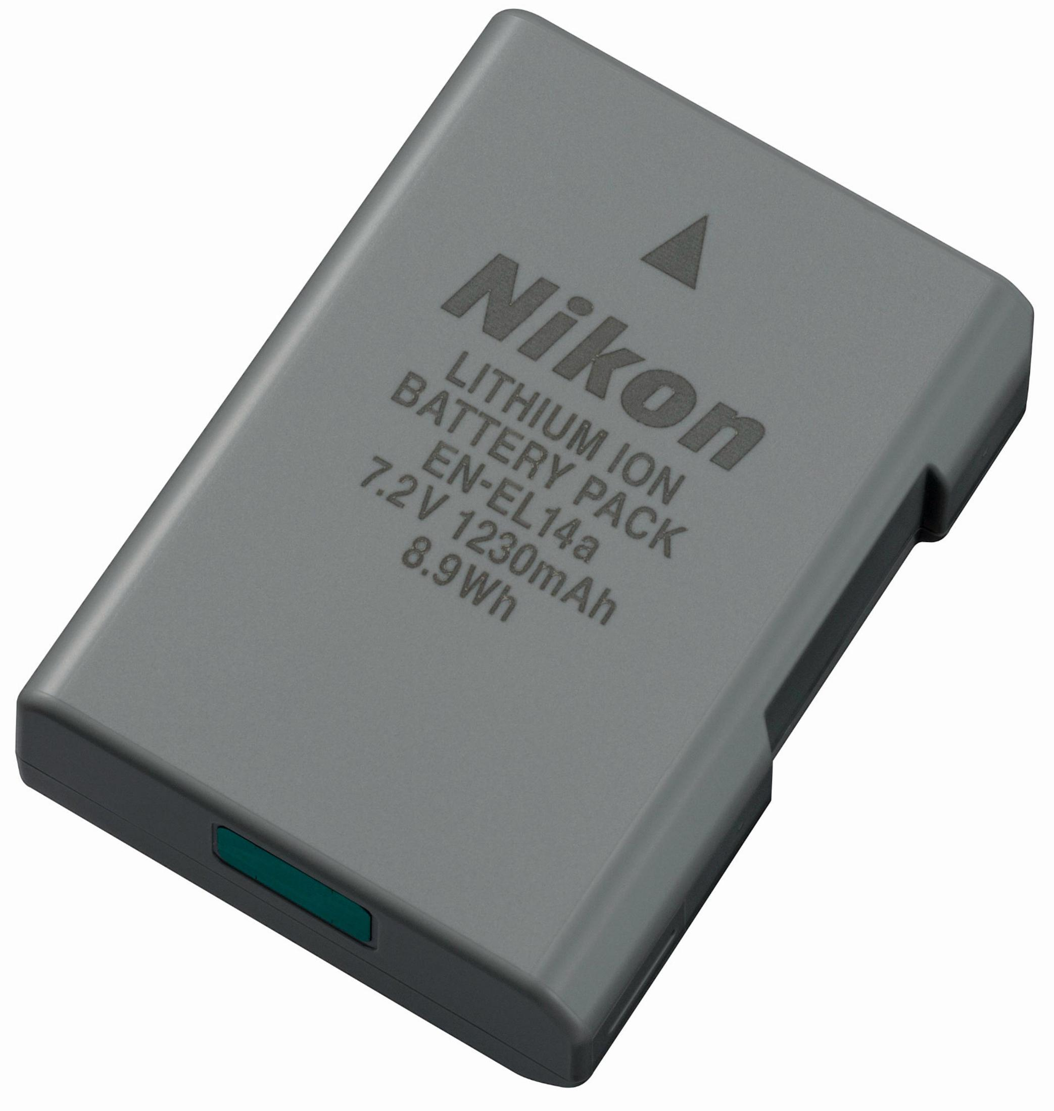 Grauer Nikon EN-EL14a Lithium-Ionen-Akku mit 7,2V, 1230mAh und 8,9Wh.