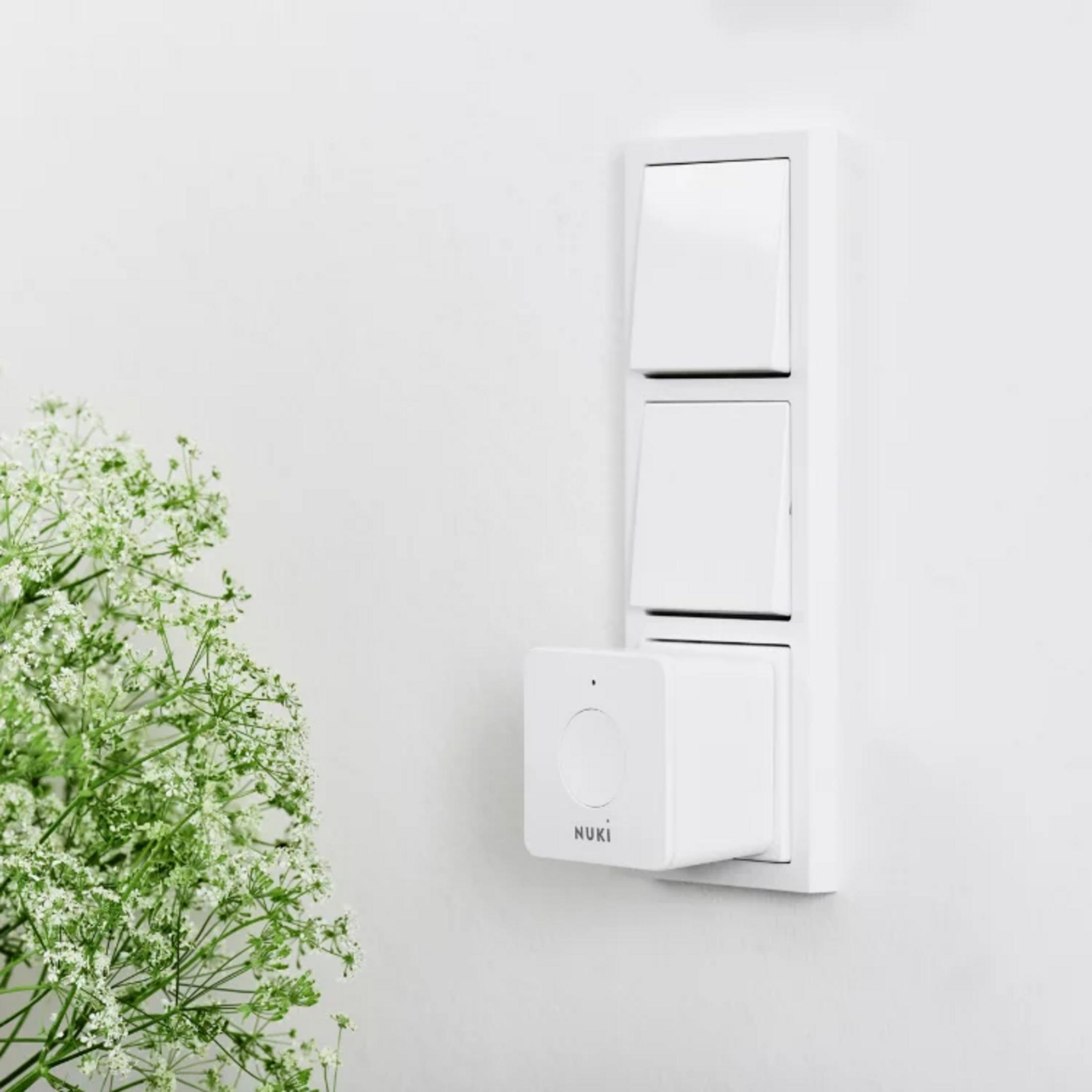 Weiße Lichtschalter und ein Nuki-Gerät an einer weißen Wand mit grünen Zweigen.