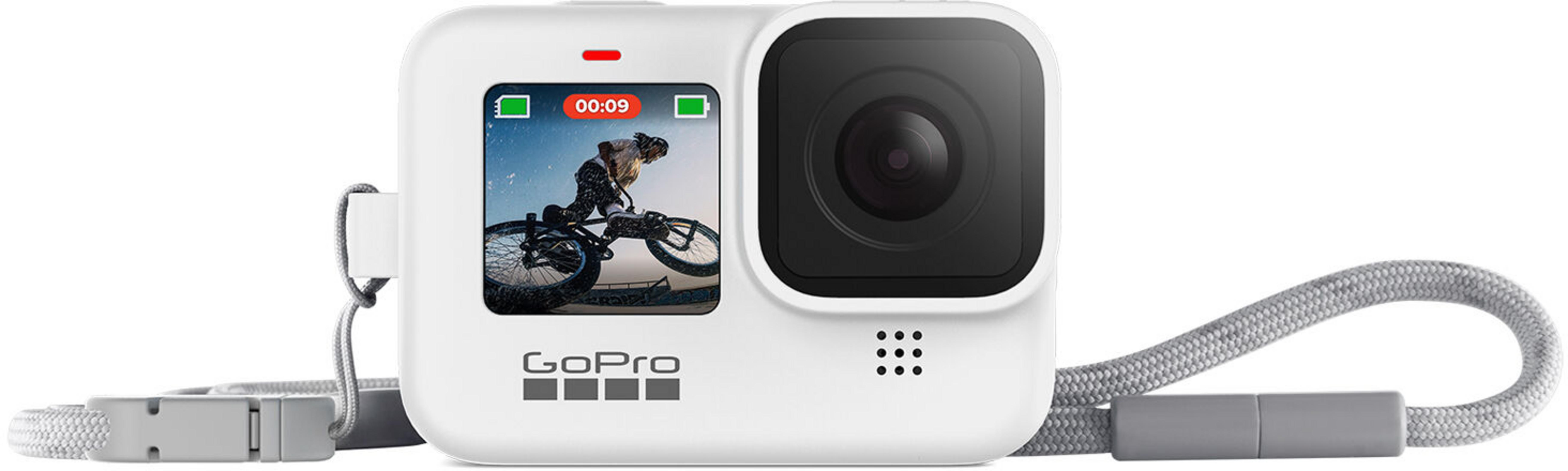 GoPro bianca con display ciclista, cinturino grigio e laccio.