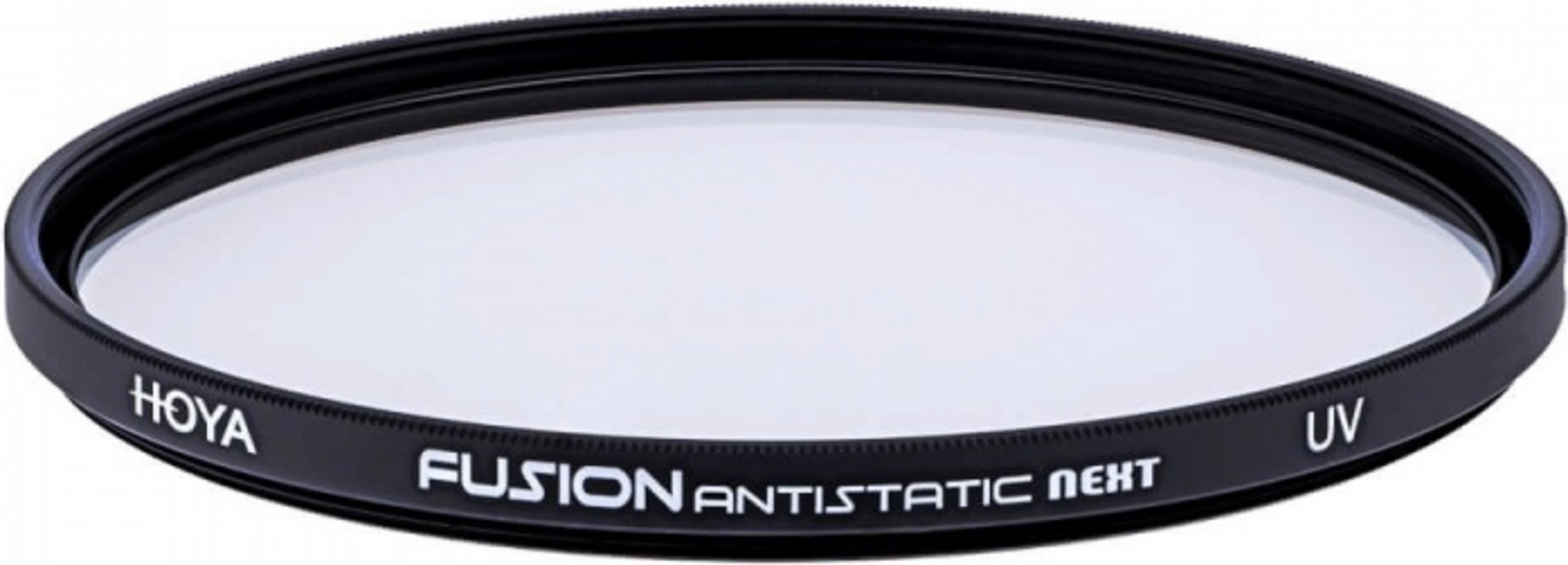 Ein Hoya Fusion Antistatic Next UV-Filter mit schwarzem Rahmen und weißer Schrift.