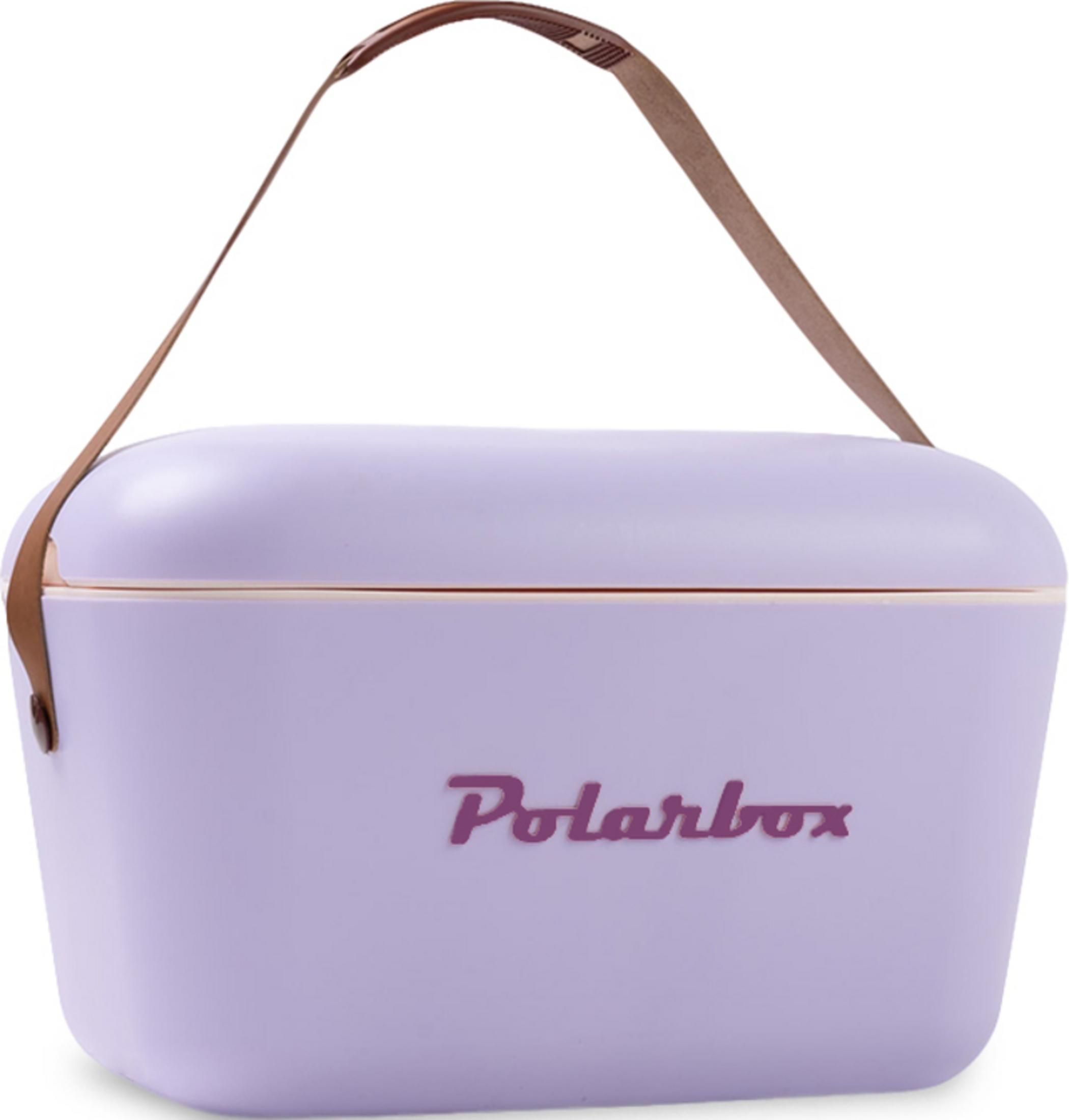 Un box frigo lavanda con manico in pelle marrone e scritta "Polarbox".