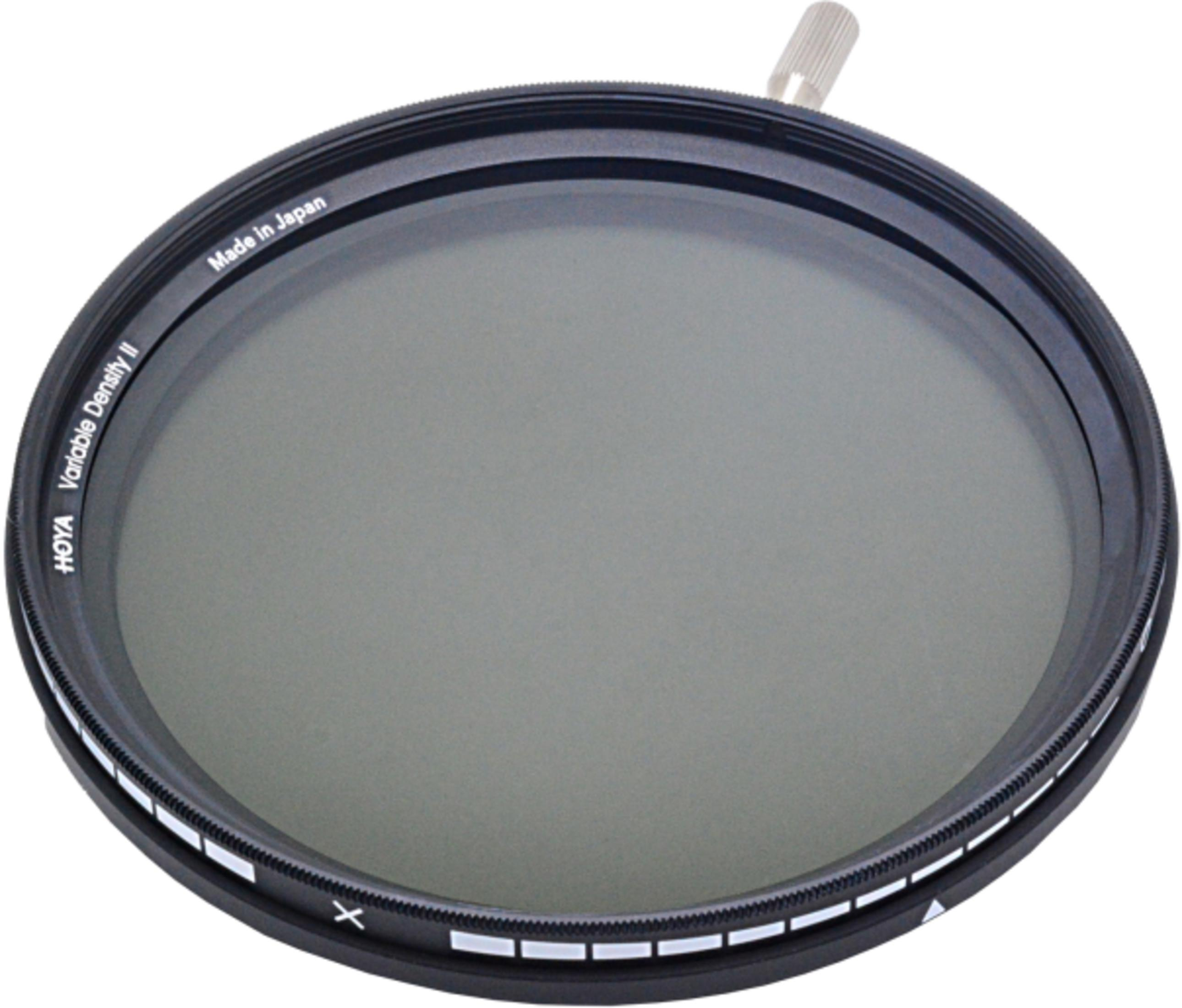 Grauer HOYA Variable Density II Objektivfilter mit silbernem Einstellknopf.