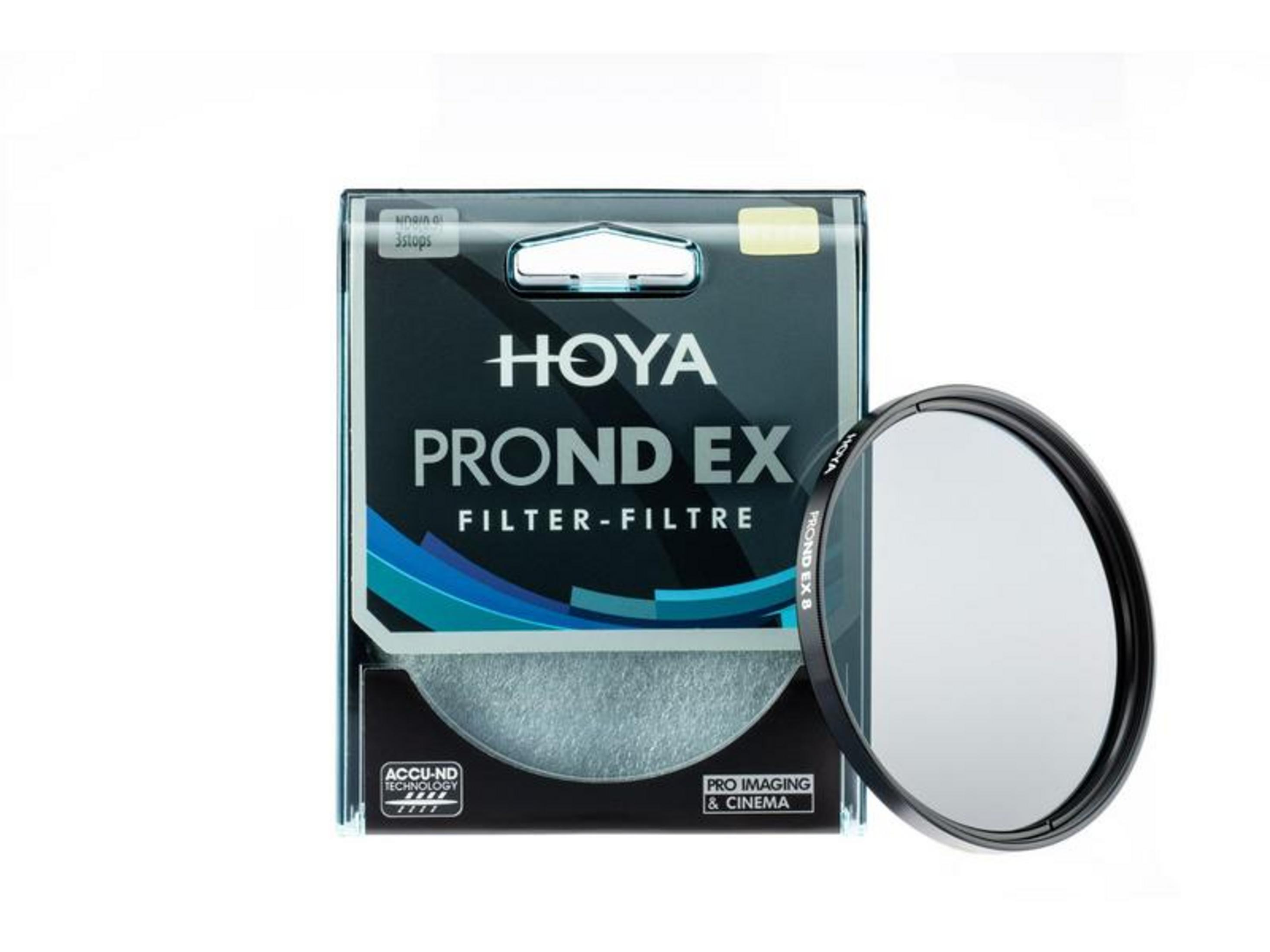 Hoya PROND EX 3-Stopp ND-Filter in Verpackung mit einem Filter daneben.