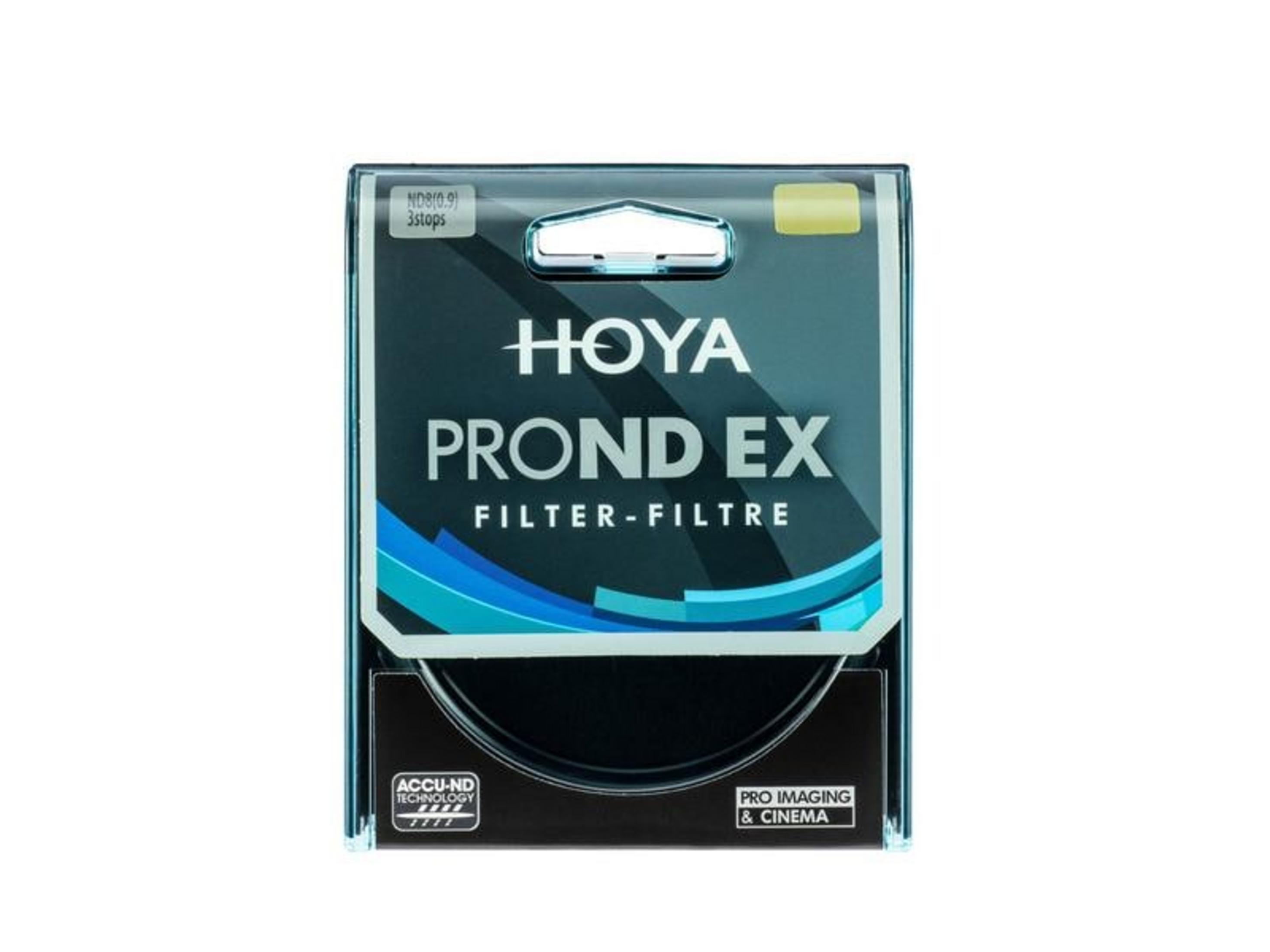 Verpackung eines HOYA PROND EX ND8(0.9) 3stops Filters mit blauen Akzenten.