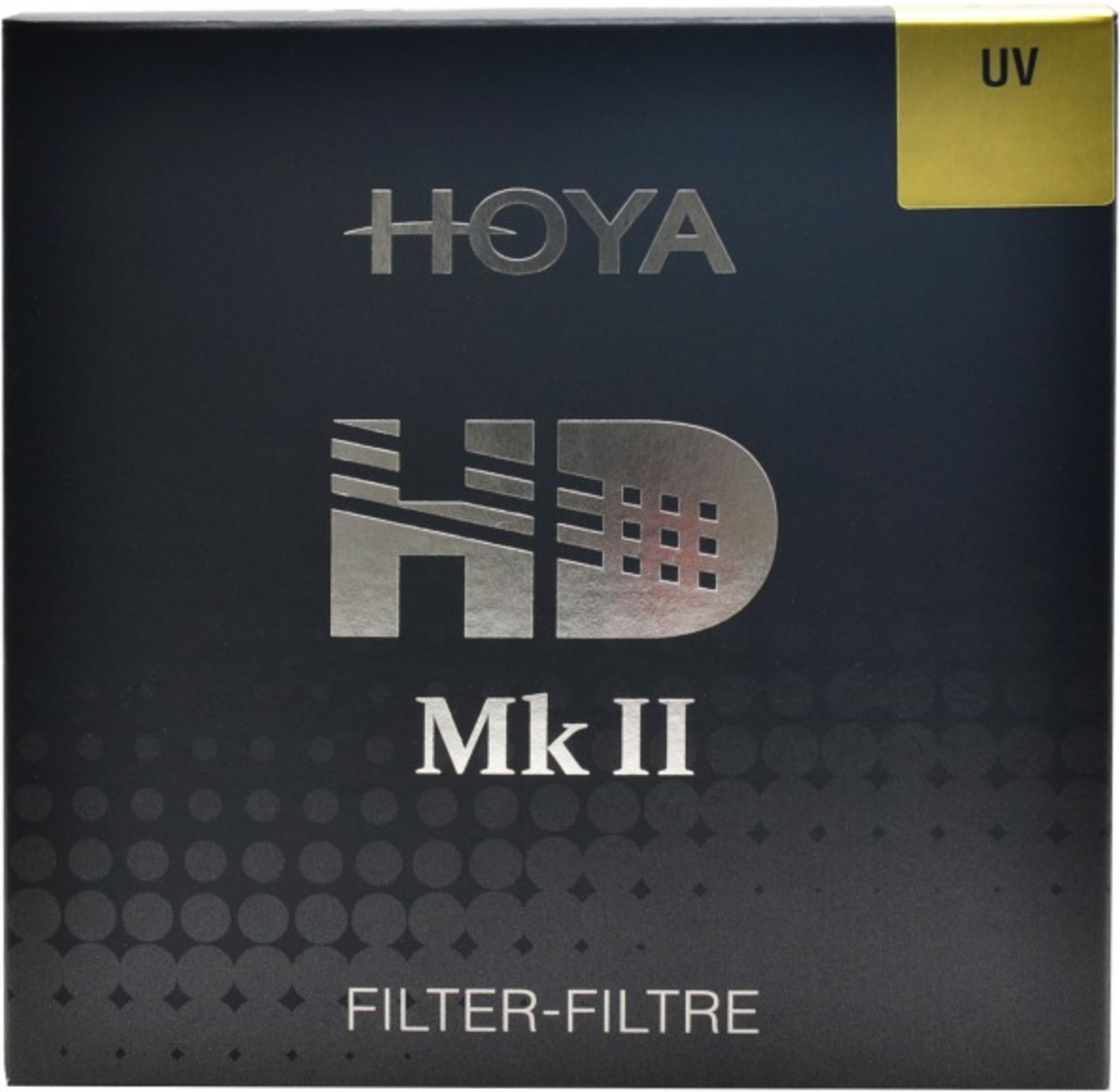 Hoya HD Mk II UV Filter-Verpackung mit Kreismuster und Text.