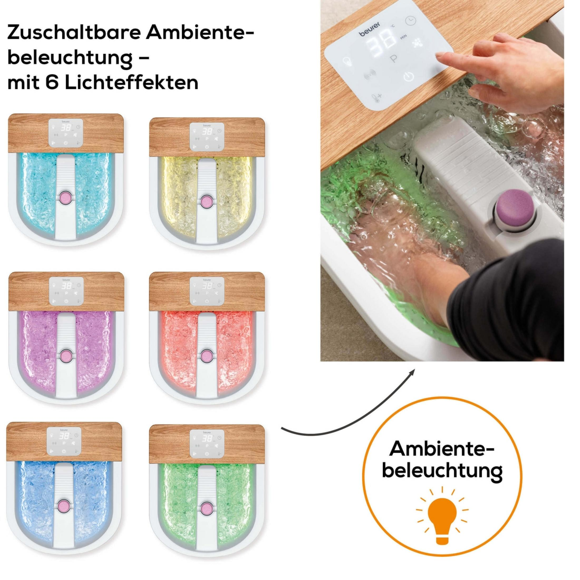 Fußbadewanne mit Ambientebeleuchtung in verschiedenen Farben: blau, gelb, lila, rot, blau, grün.