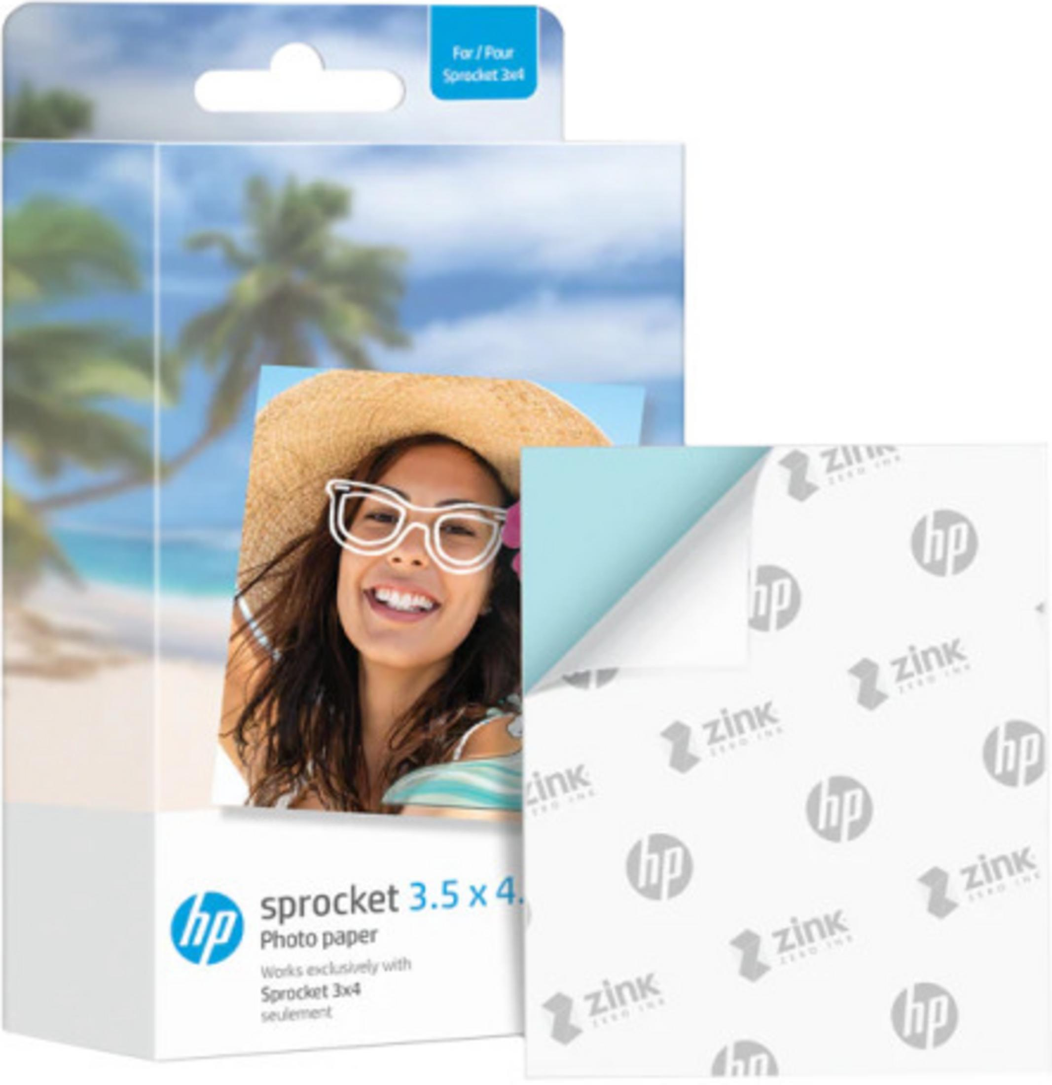 Opakowanie papieru fotograficznego HP Sprocket 3.5x4 ze sceną plażową i kobietą w kapeluszu.