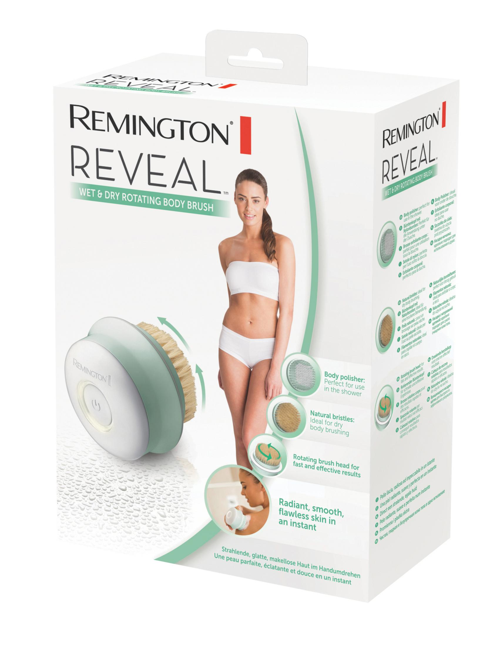 Remington Reveal vücut fırçası: İç çamaşırlı kadın, fırça başlıkları olan cihaz.