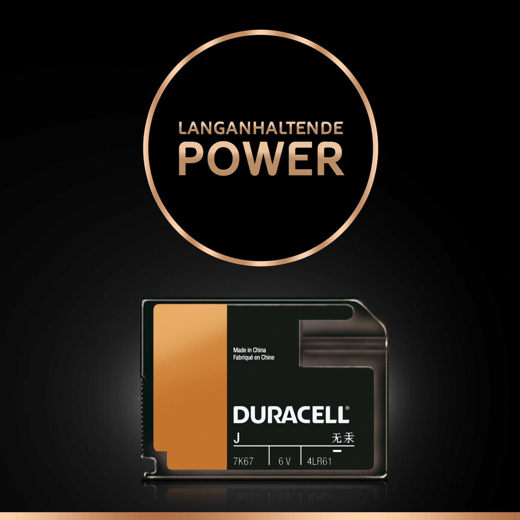 Duracell J Batterie mit der Aufschrift Langanhaltende Power. 6V.
