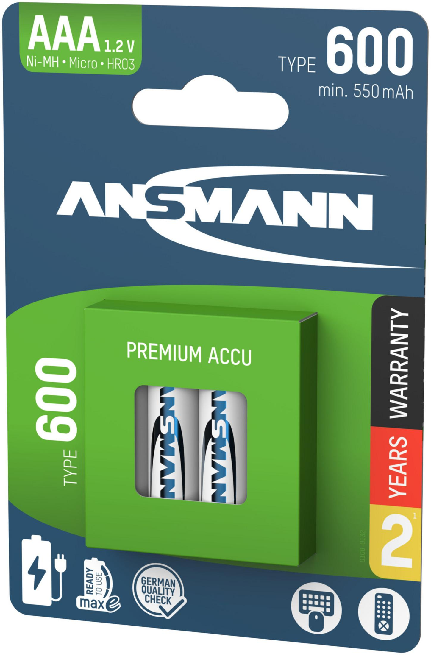Paquete de baterías AAA Ansmann, 1,2V, Ni-MH, 550mAh, garantía 2 años.