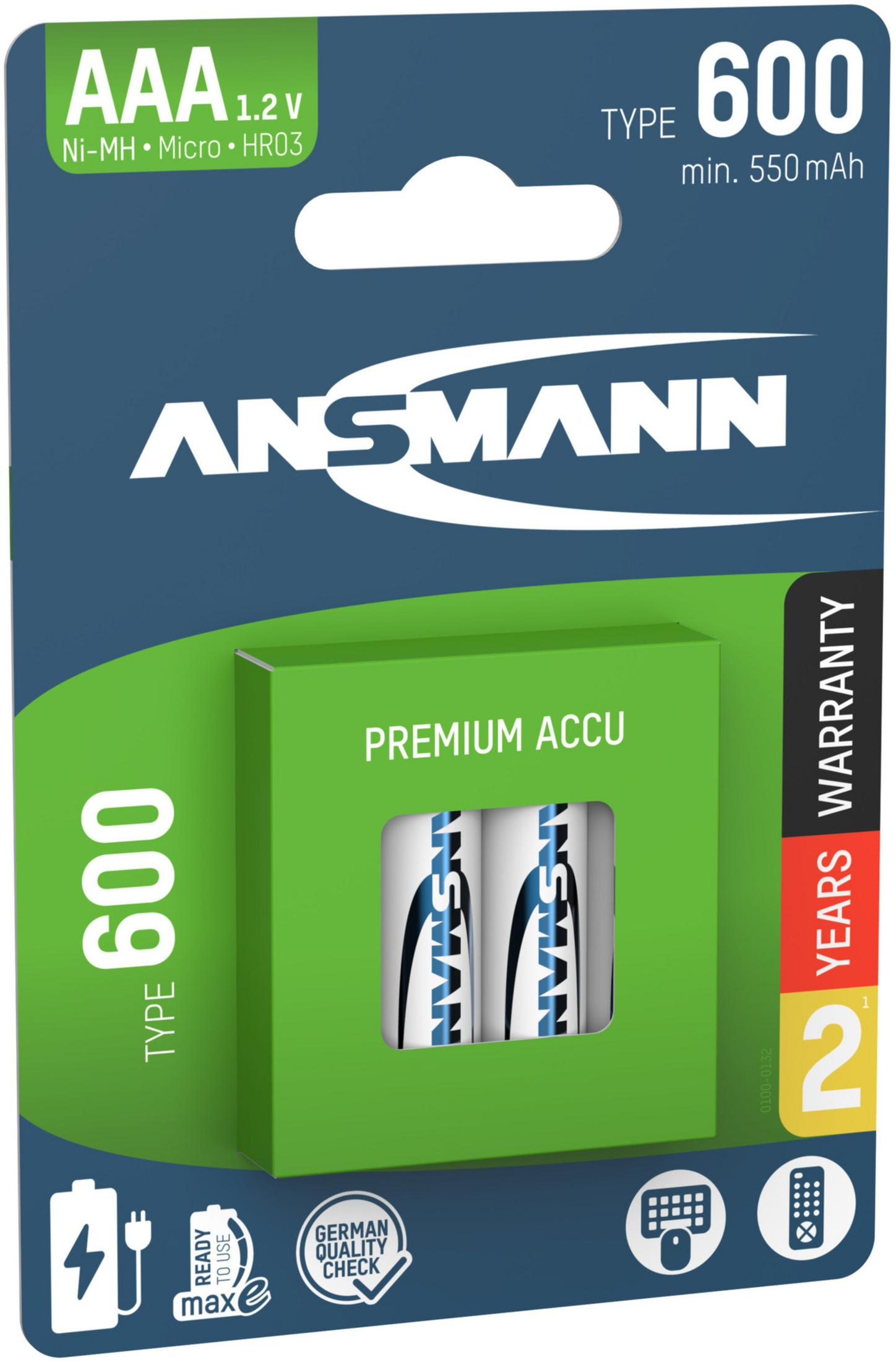 Pilas Ansmann AAA Premium Accu, Tipo 600, 1.2V, Ni-MH, 550mAh.