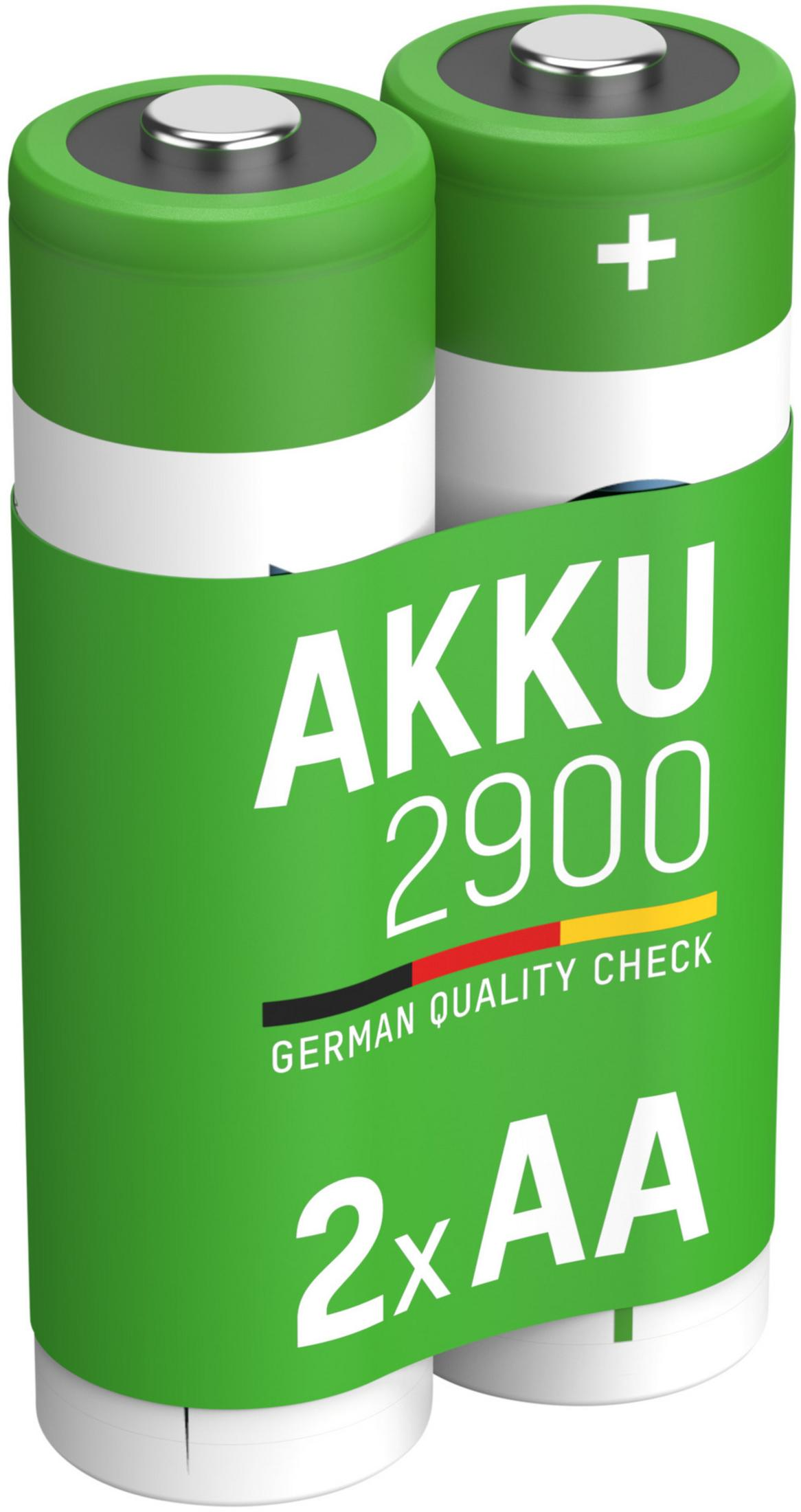 Zwei grüne AA-Akkus mit weißem Band, Akku 2900.