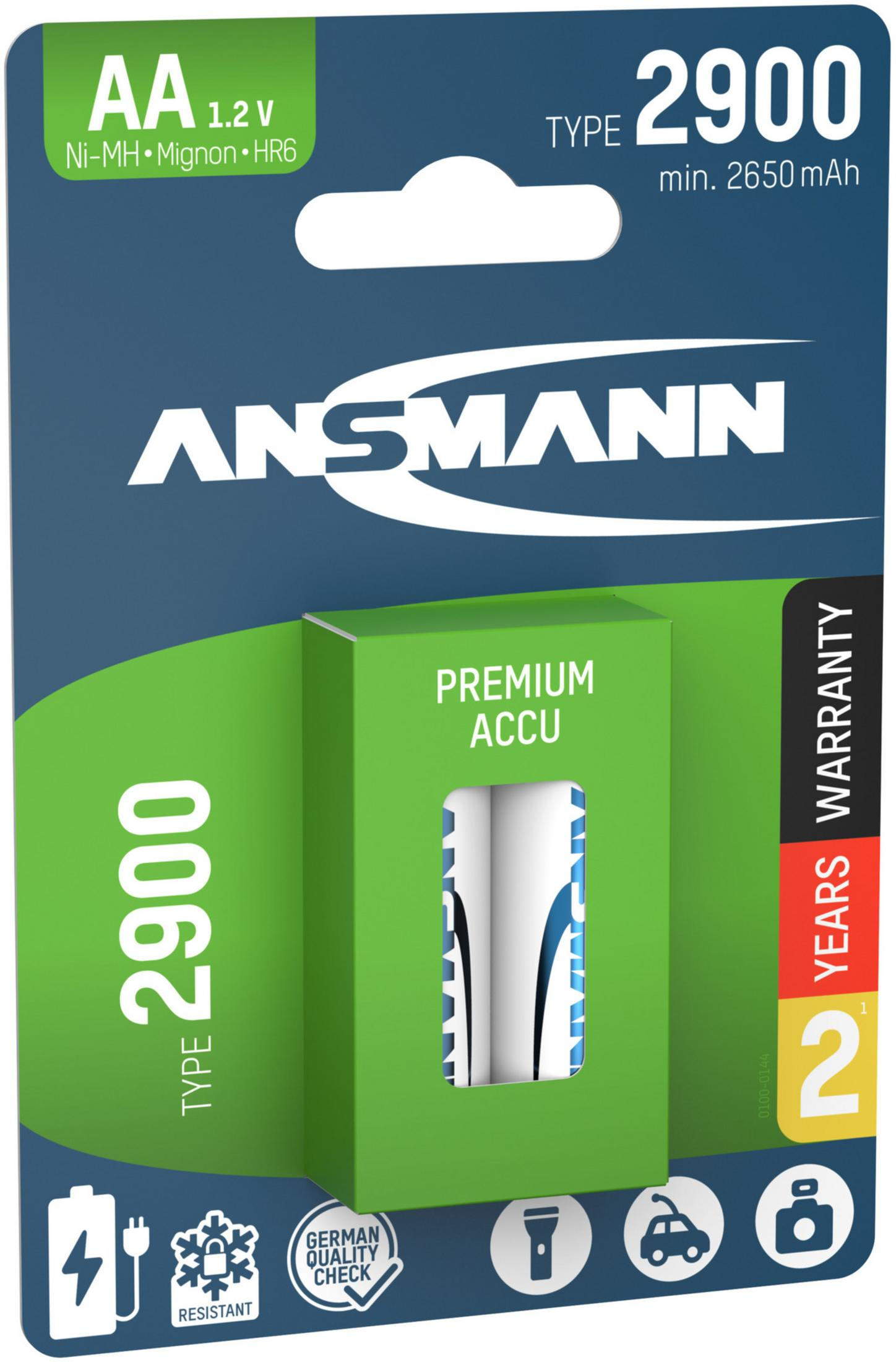 Verpackung für AA-Batterien mit 2900 mAh Kapazität. Marke Ansmann.