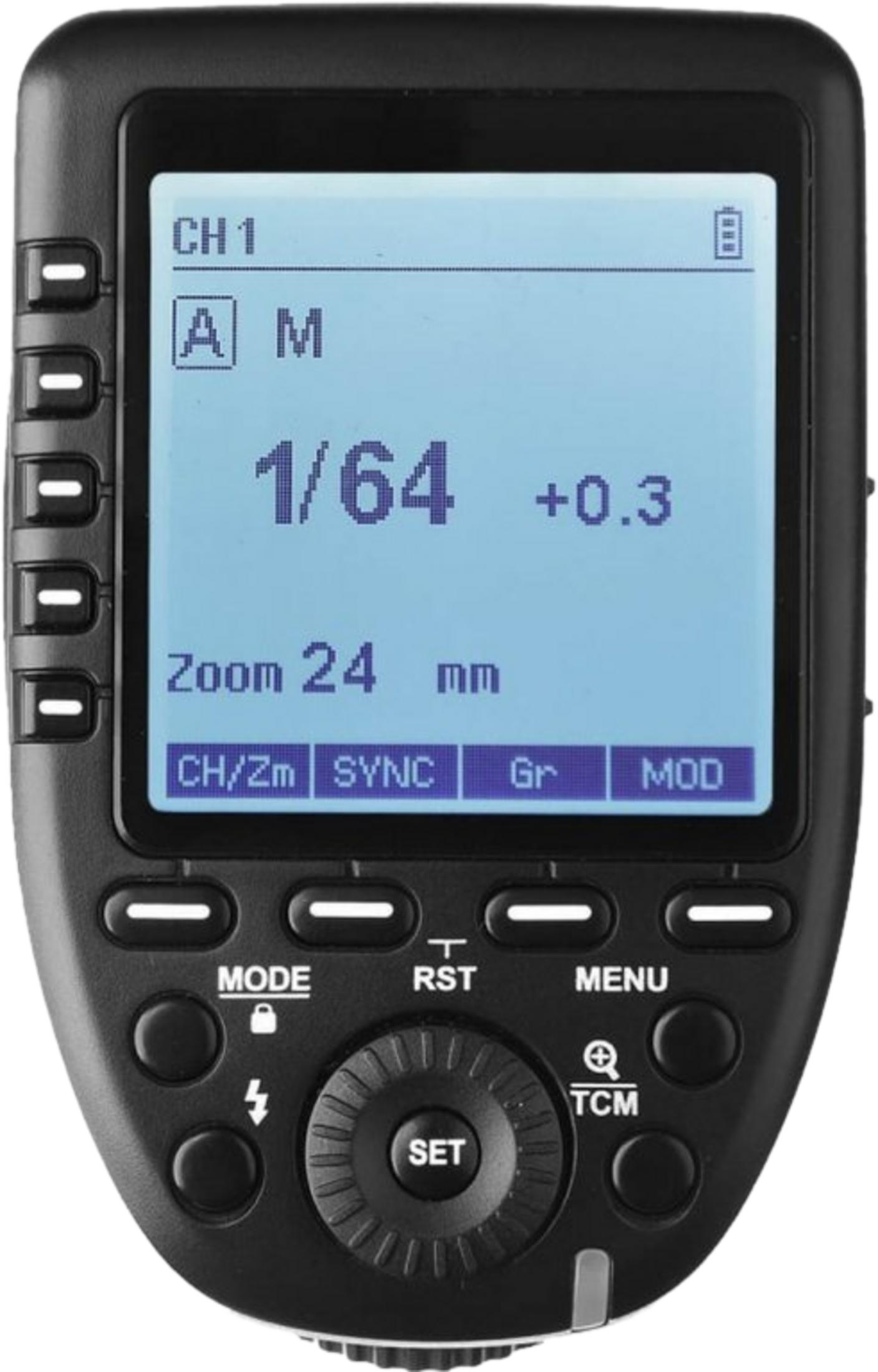 Schermo controller bianco e nero con pulsanti. Mostra "CH 1", "1/64", "+0.3" e "Zoom 24 mm".