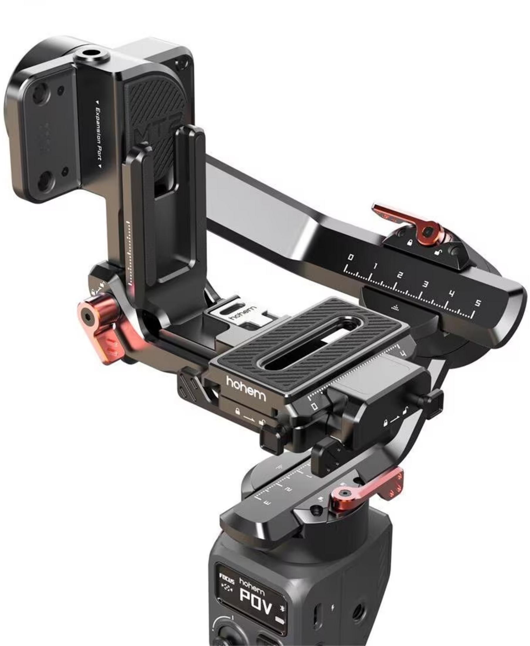 Czarny gimbal do kamery z czerwonymi akcentami i skalami.