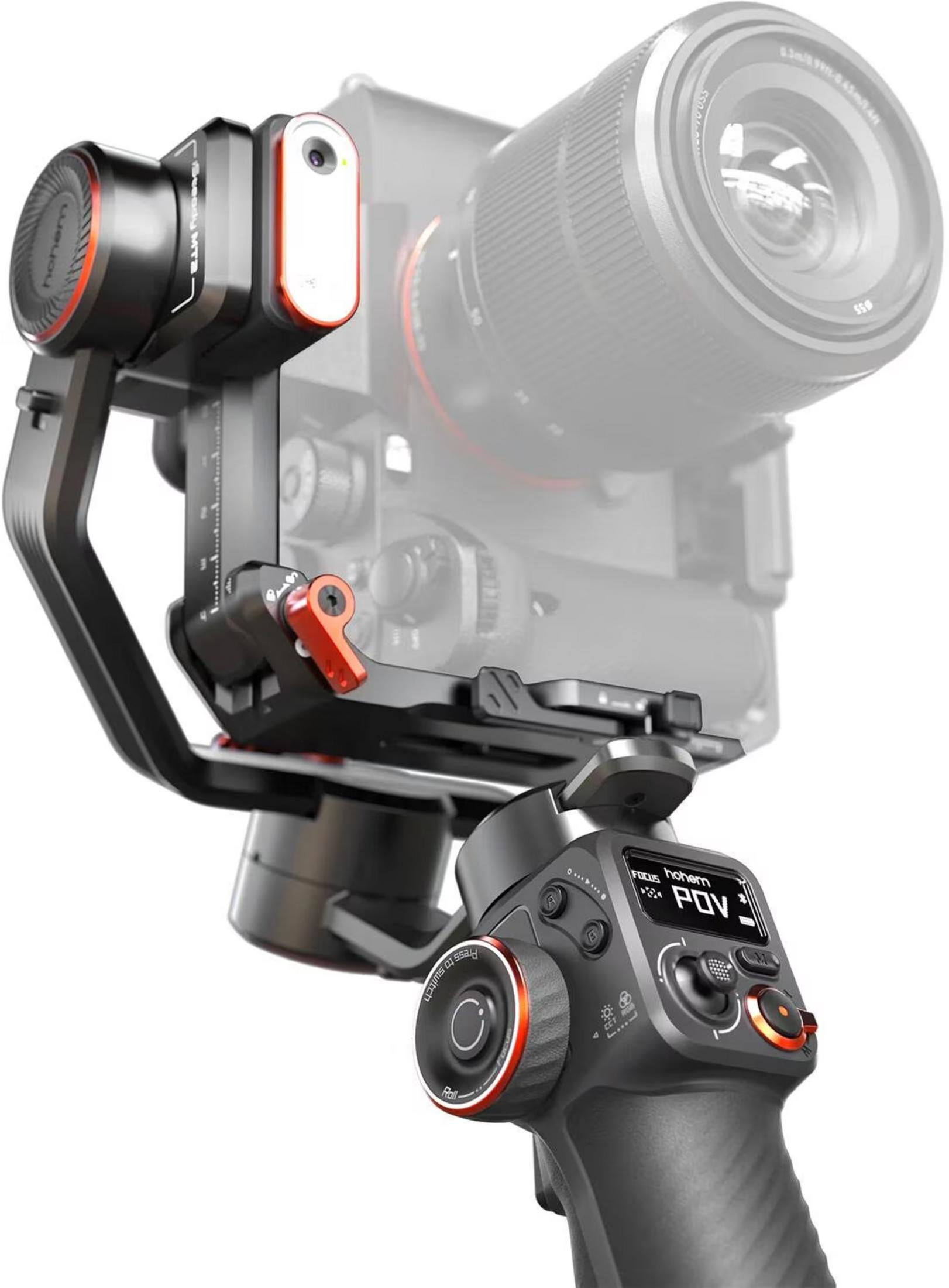 Stabilizator gimbala Hohem z aparatem i obiektywem pokazany na białym tle.