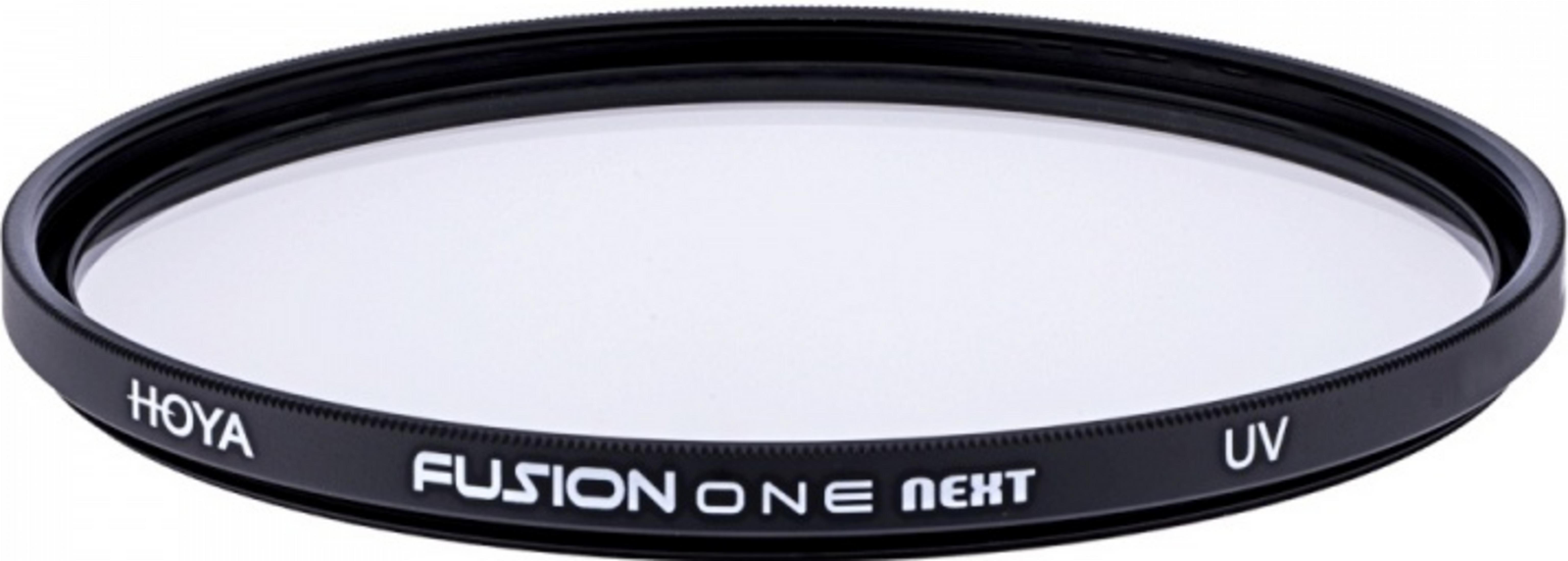 Ein HOYA FUSION ONE NEXT UV-Filter mit schwarzem Rahmen.