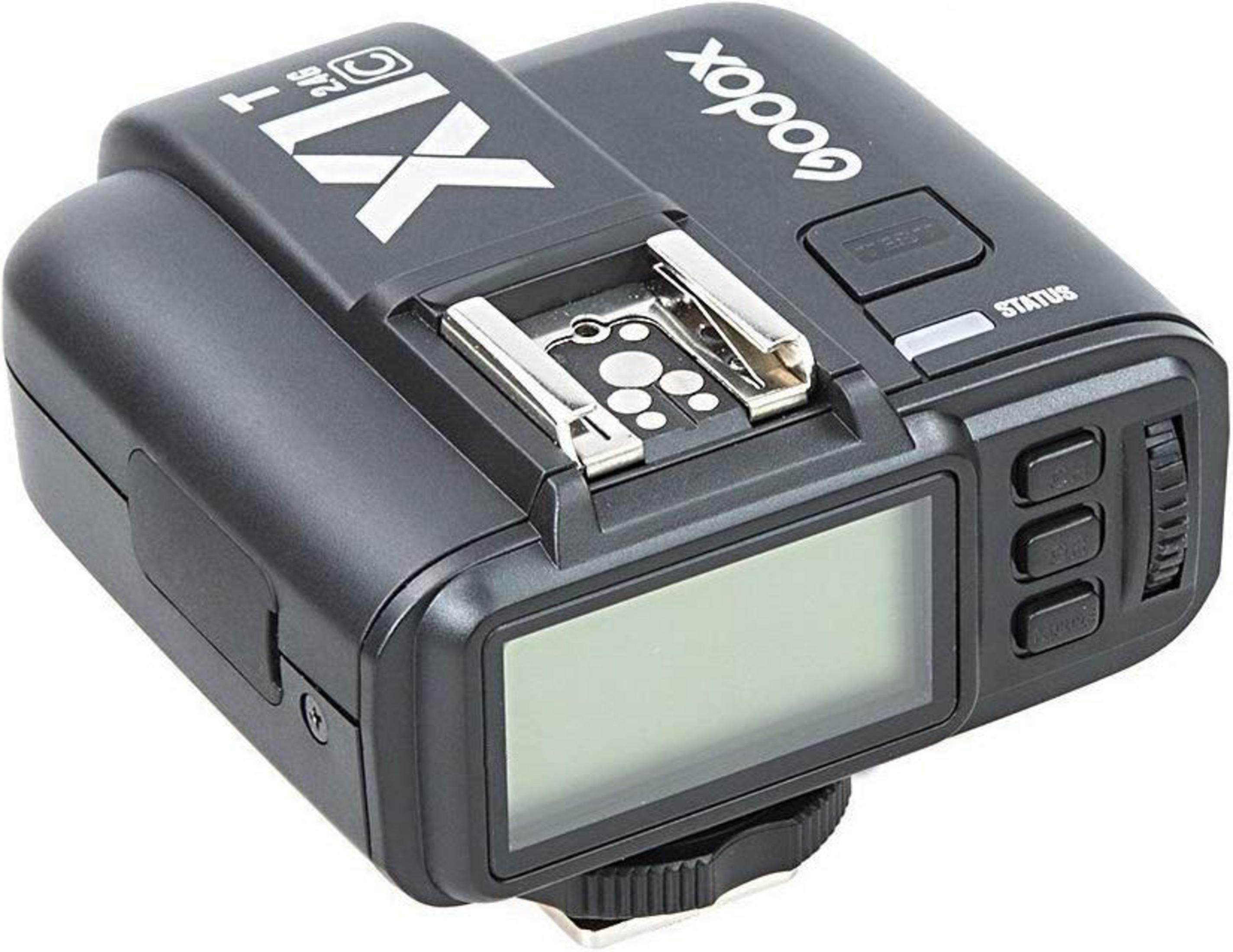 Ein schwarzer Godox X1T Blitz-Empfänger mit LCD-Bildschirm und Bedienelementen.