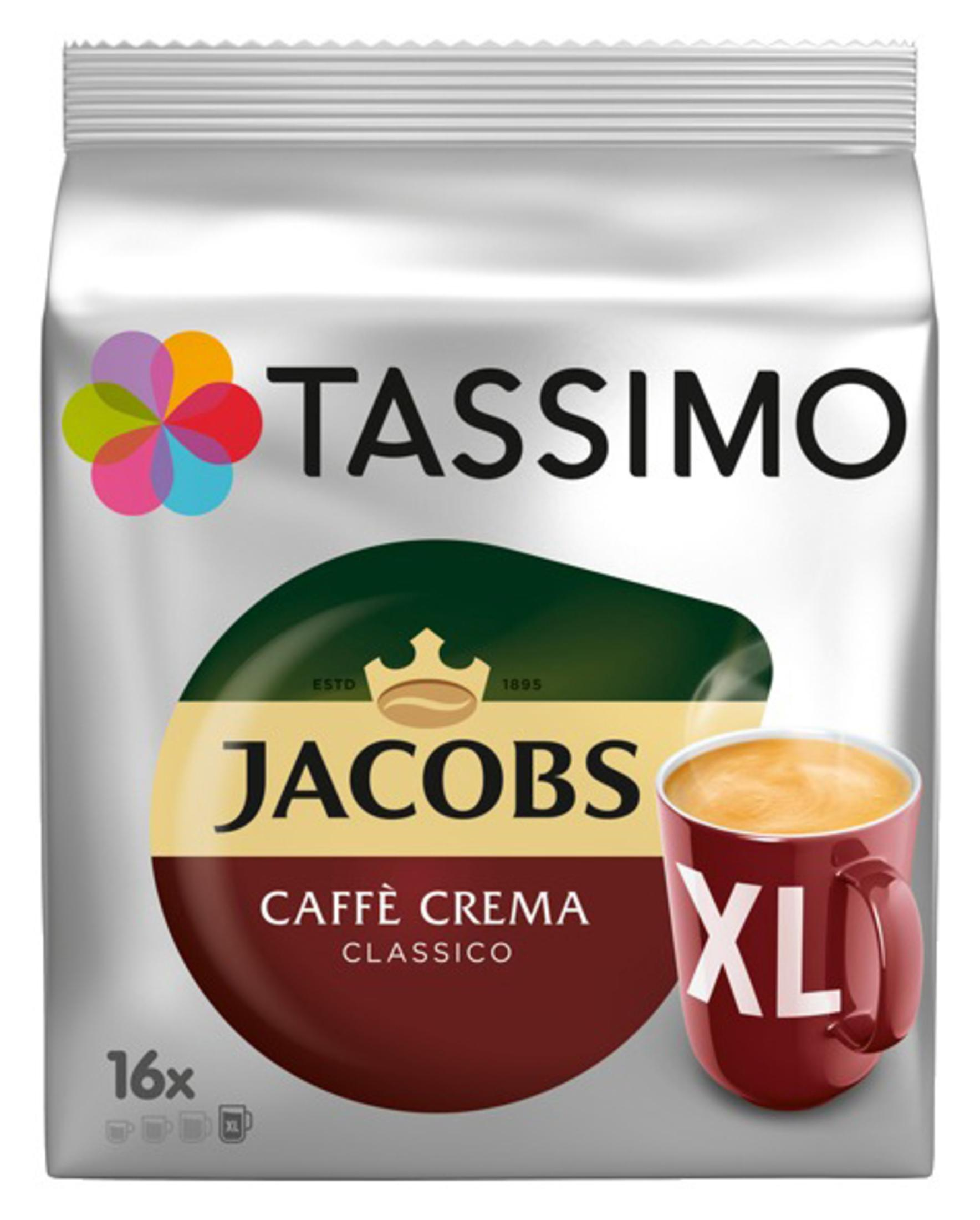 Tassimo Jacobs Caffè Crema XL Kaffeepackung mit einer Tasse Kaffee.