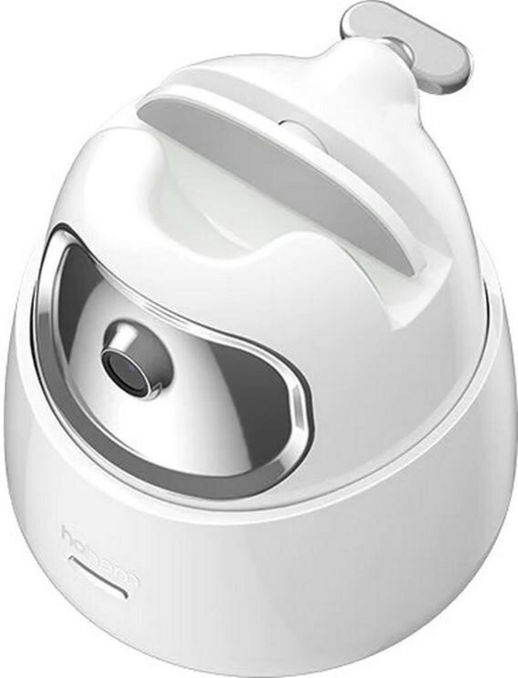 Ein weißes, kugelförmiges Gerät mit einem glänzenden silbernen Ring und einem Objektiv.