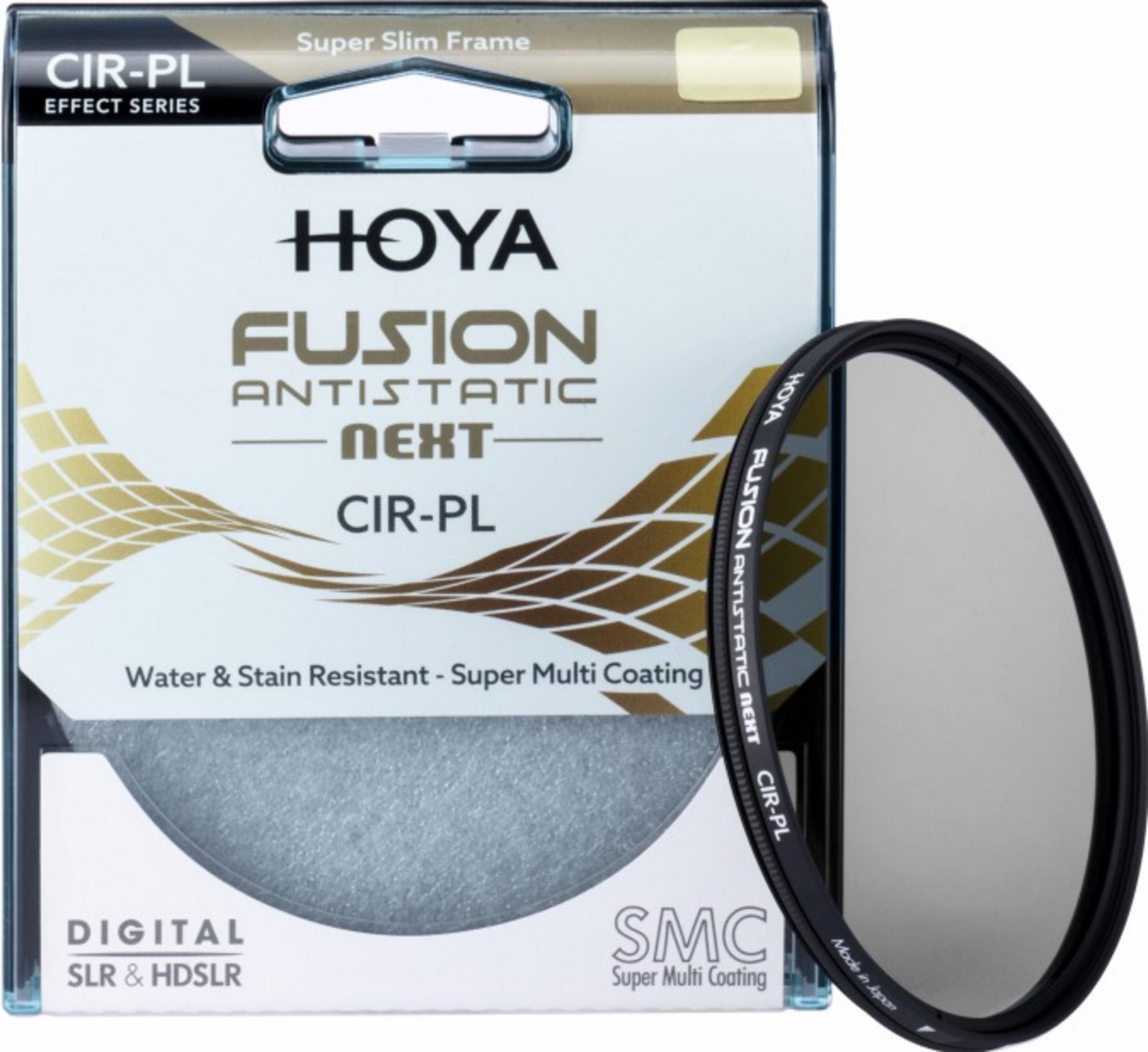 Hoya Fusion Antistatic Next CIR-PL Objektivfilter in Verpackung und einzeln.