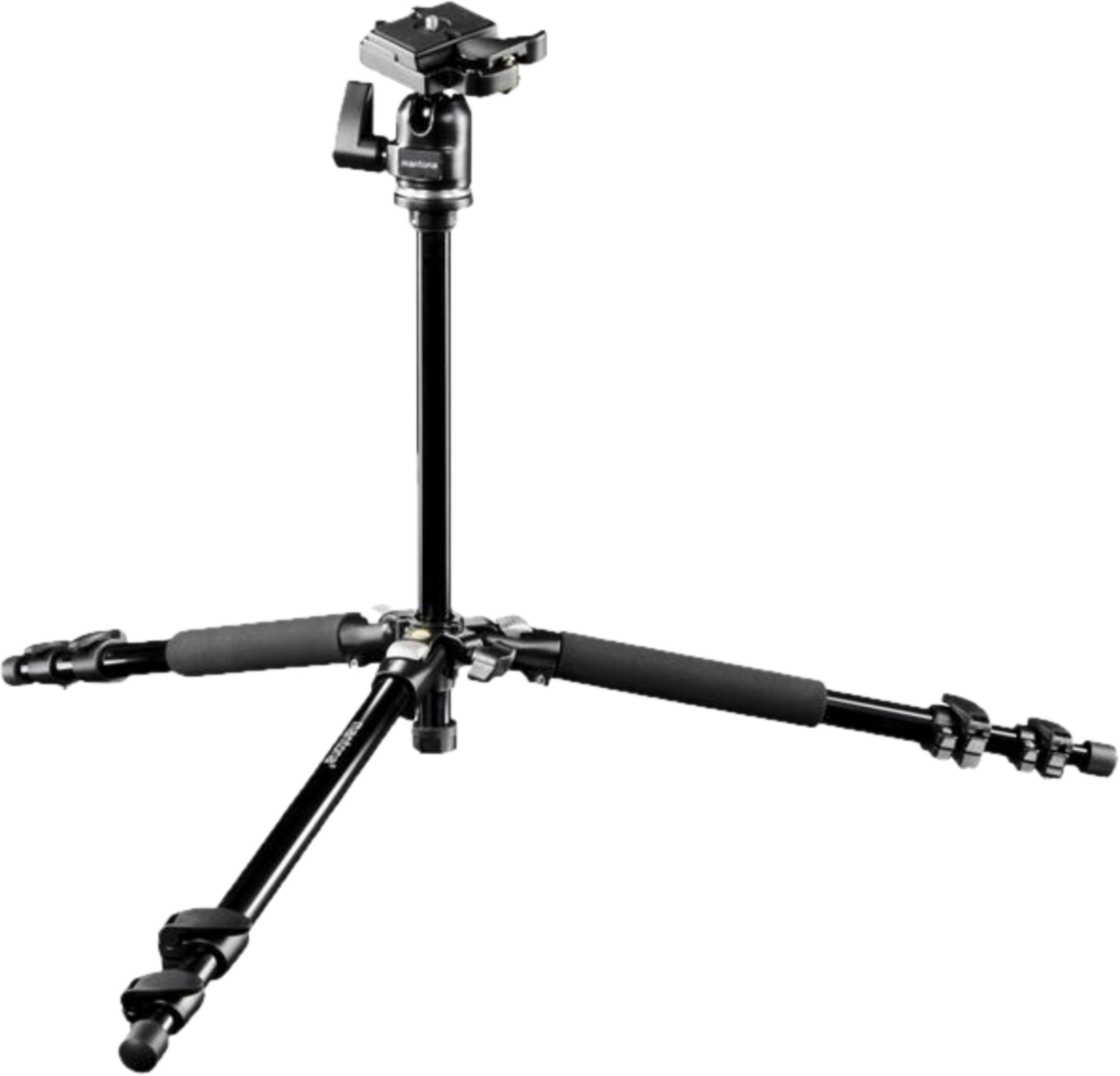 Ein schwarzes Manfrotto Stativ mit drei ausklappbaren Beinen und einem Kugelkopf.