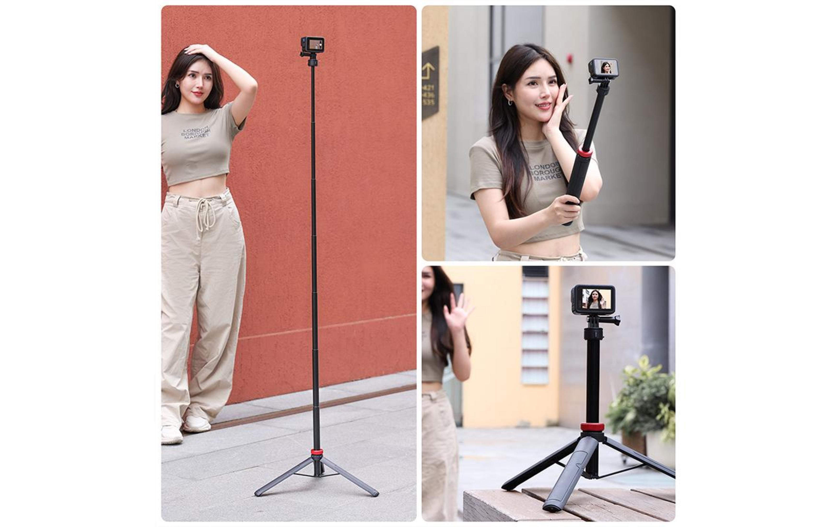 Kobieta z kijem do selfie i aparatem w różnych pozach.