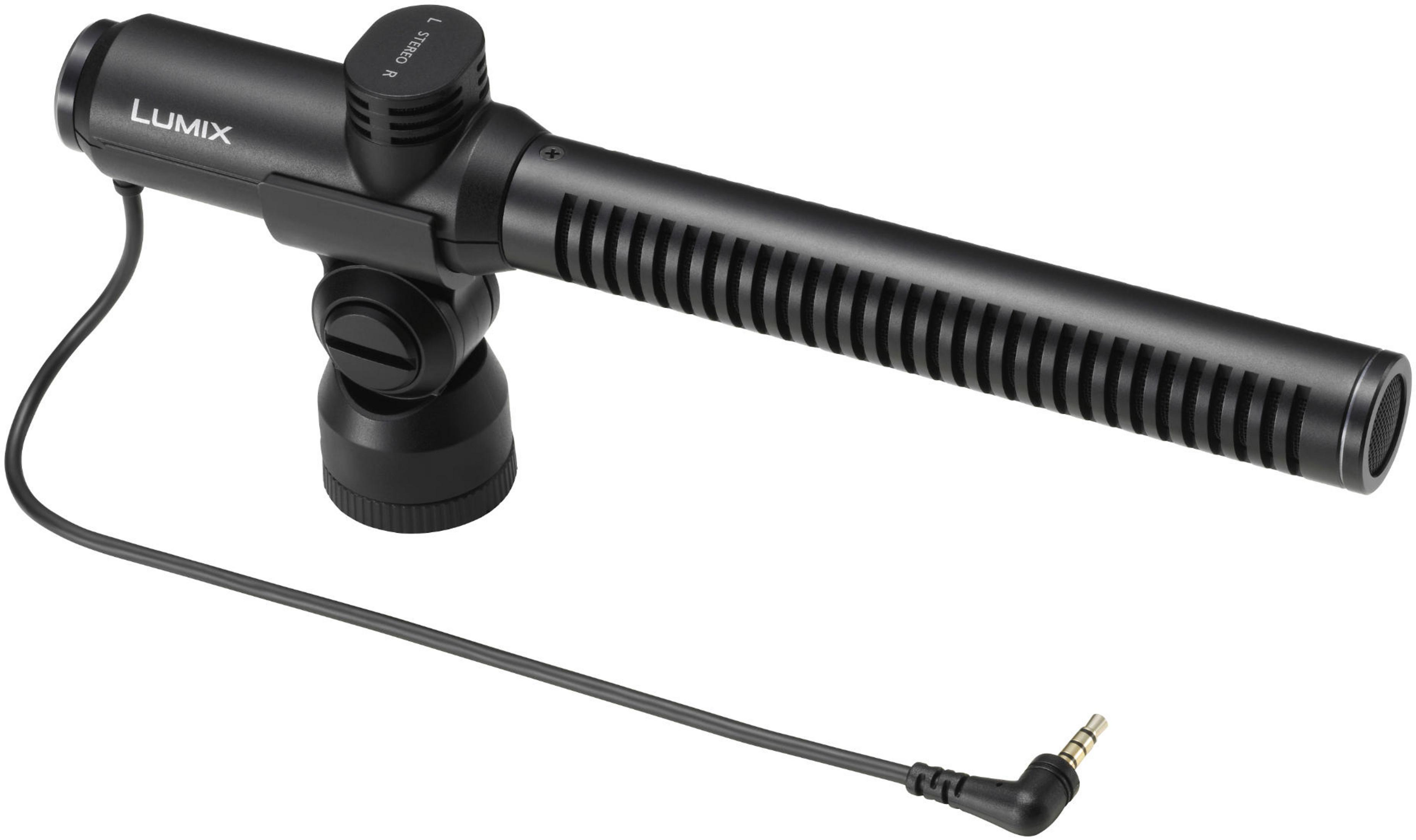 Schwarzes Lumix Stereo-Richtmikrofon mit Kabel und 3,5-mm-Stecker.