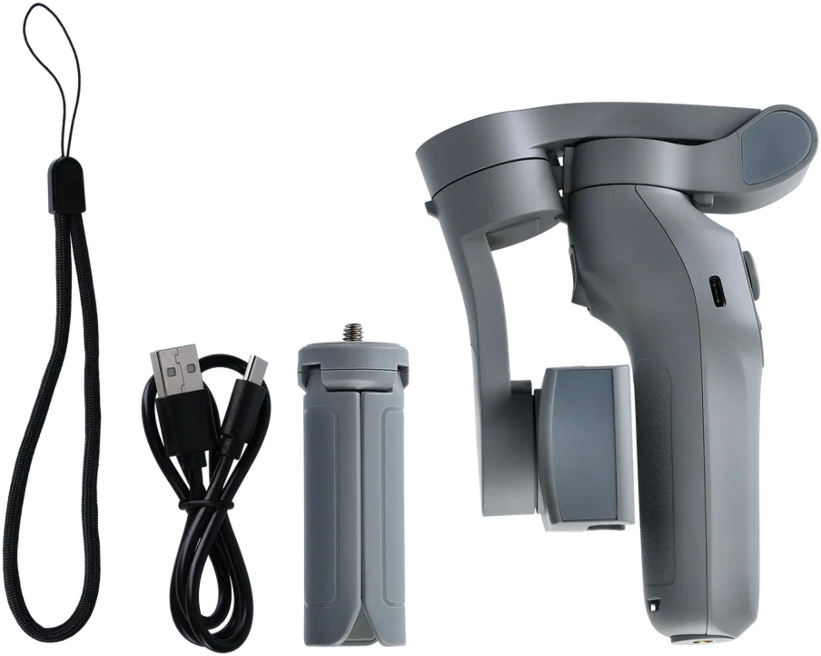 Grauer Gimbal mit Zubehör: Handschlaufe, USB-Kabel und Mini-Stativ.