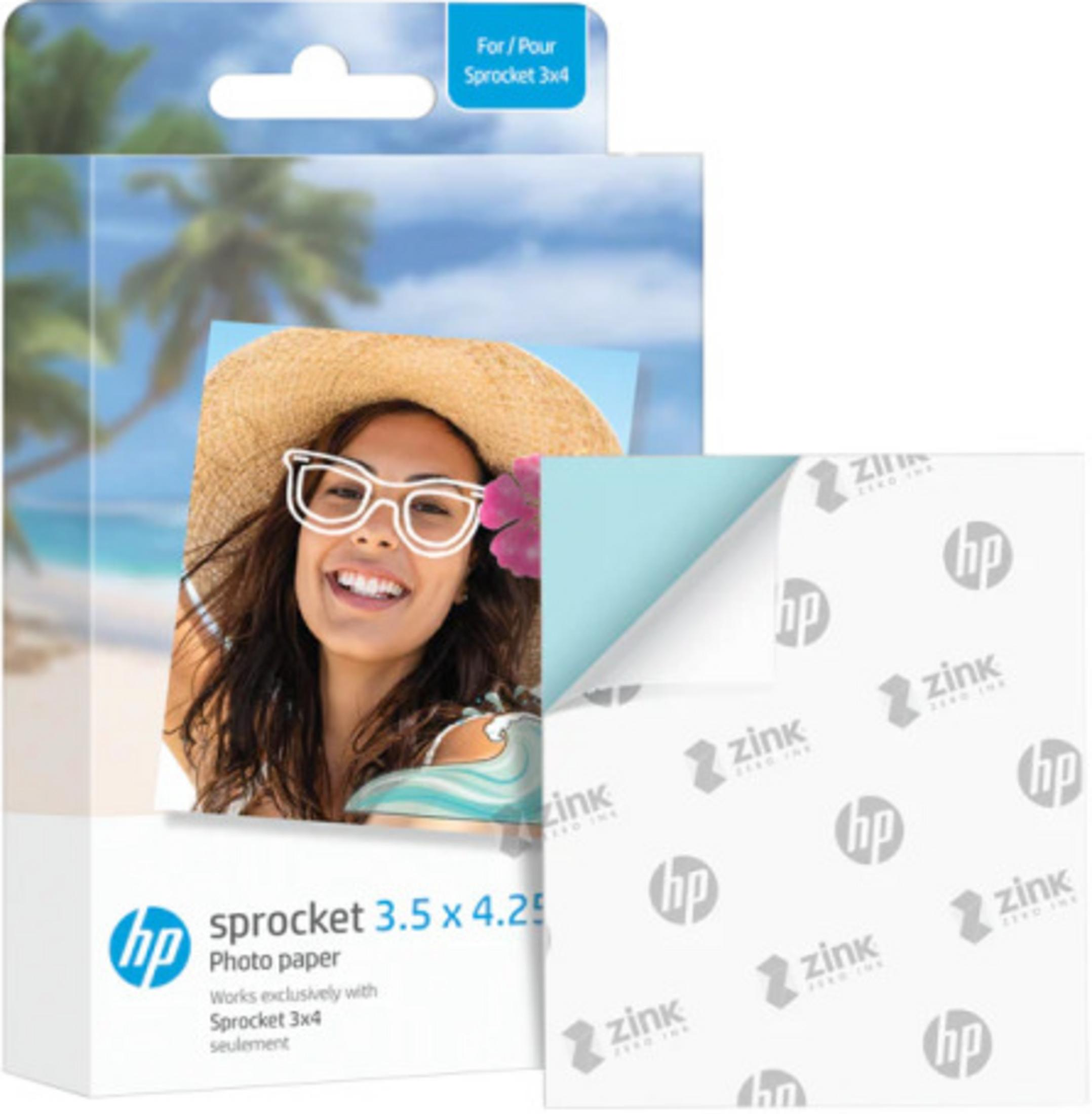 Opakowanie papieru fotograficznego HP Sprocket z kobietą na plaży i papierami ZINK.
