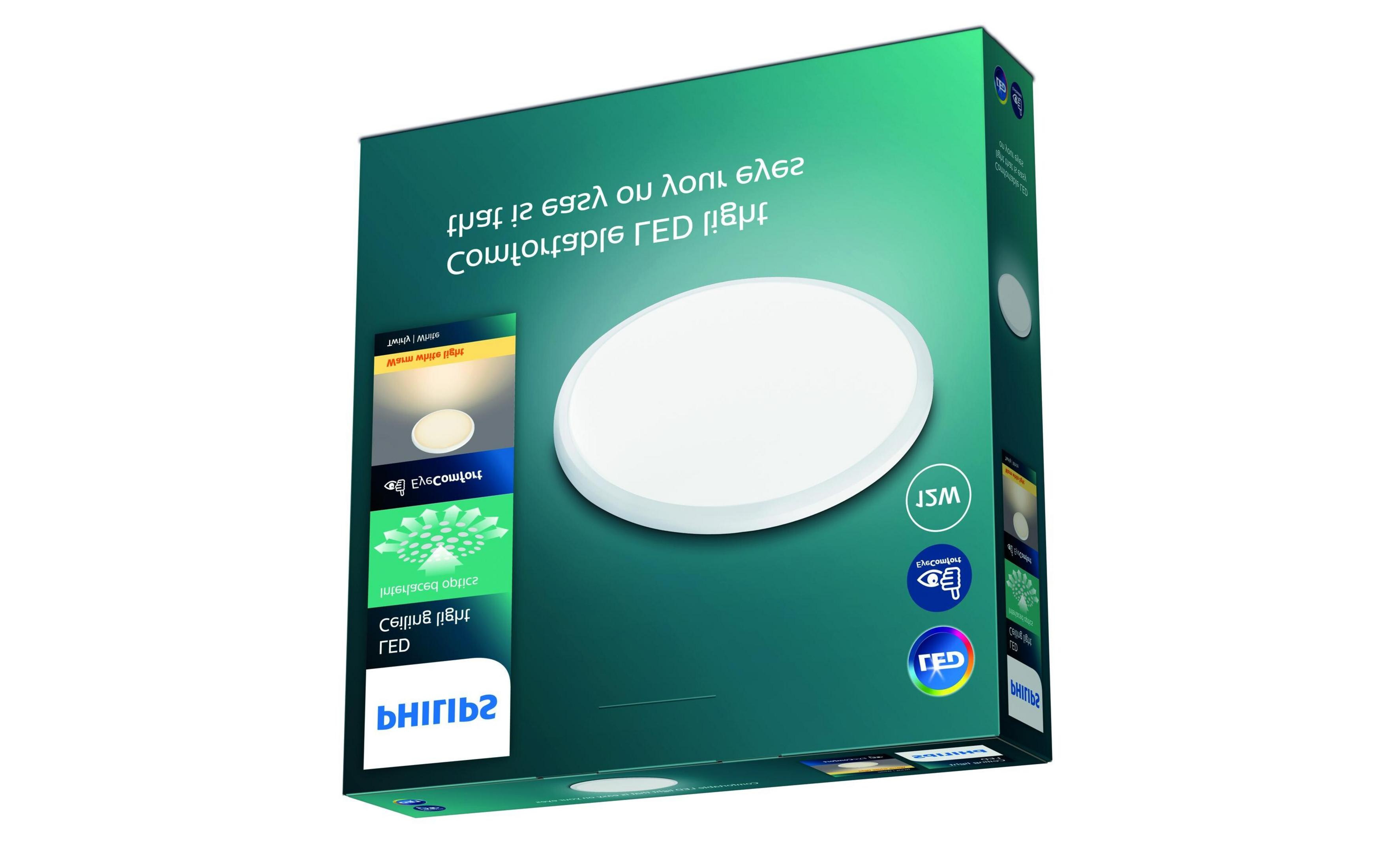 Verpackung einer runden Deckenleuchte mit LED-Technologie und EyeComfort-Symbol.