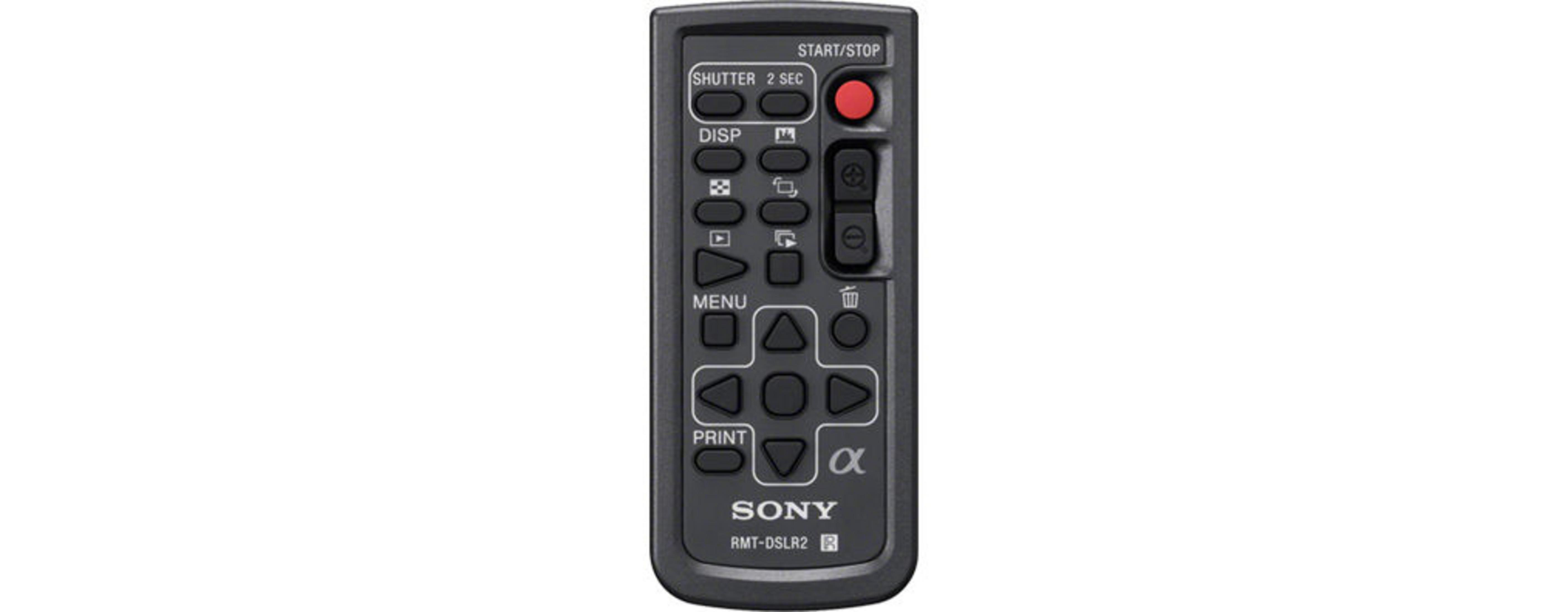 Un telecomando Sony nero con pulsanti come Avvio/Arresto e Menu.