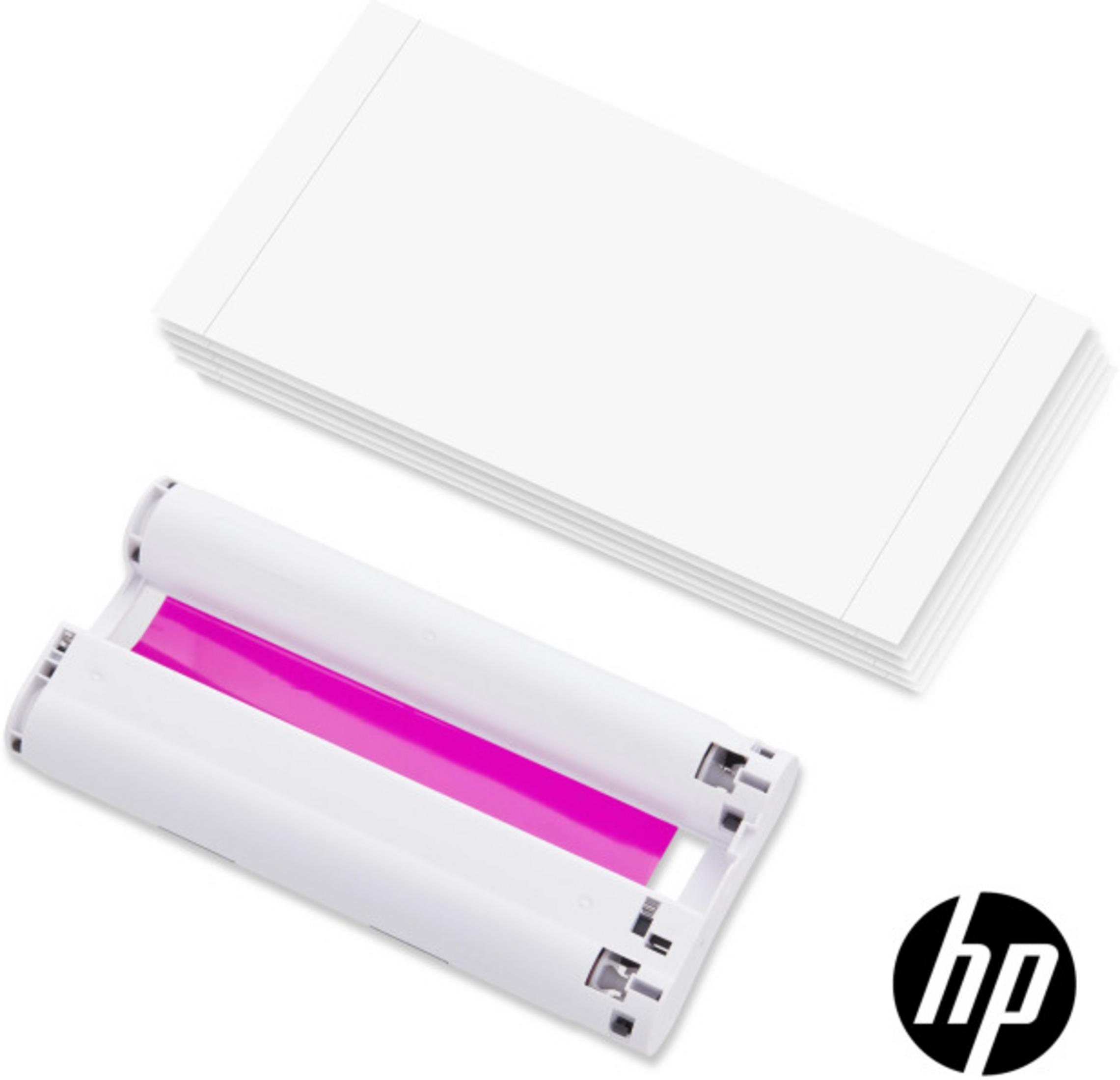 Biały tusz HP z różowym tuszem przed stosem białego papieru.