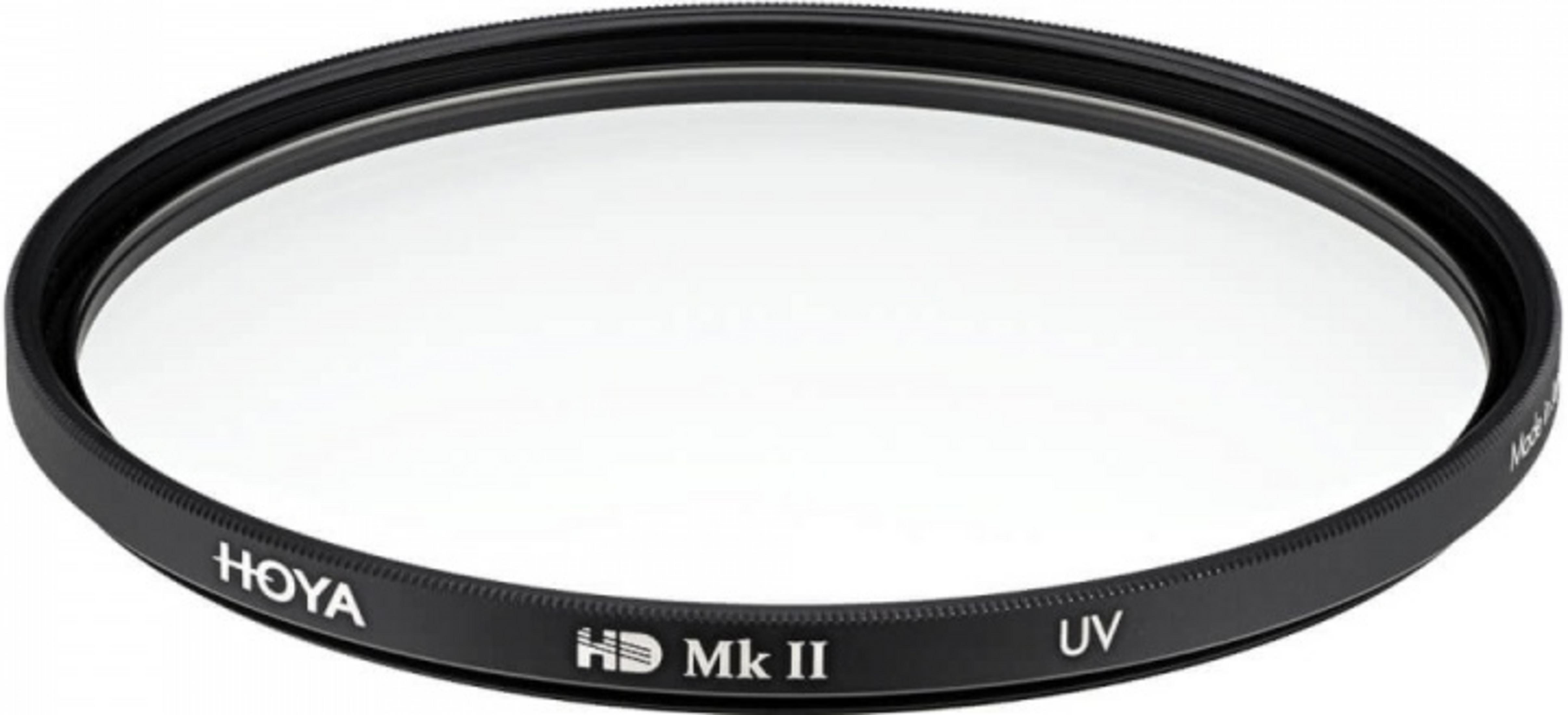 Ein Hoya HD Mk II UV-Filter mit schwarzem Metallrahmen und sichtbarer Beschriftung.