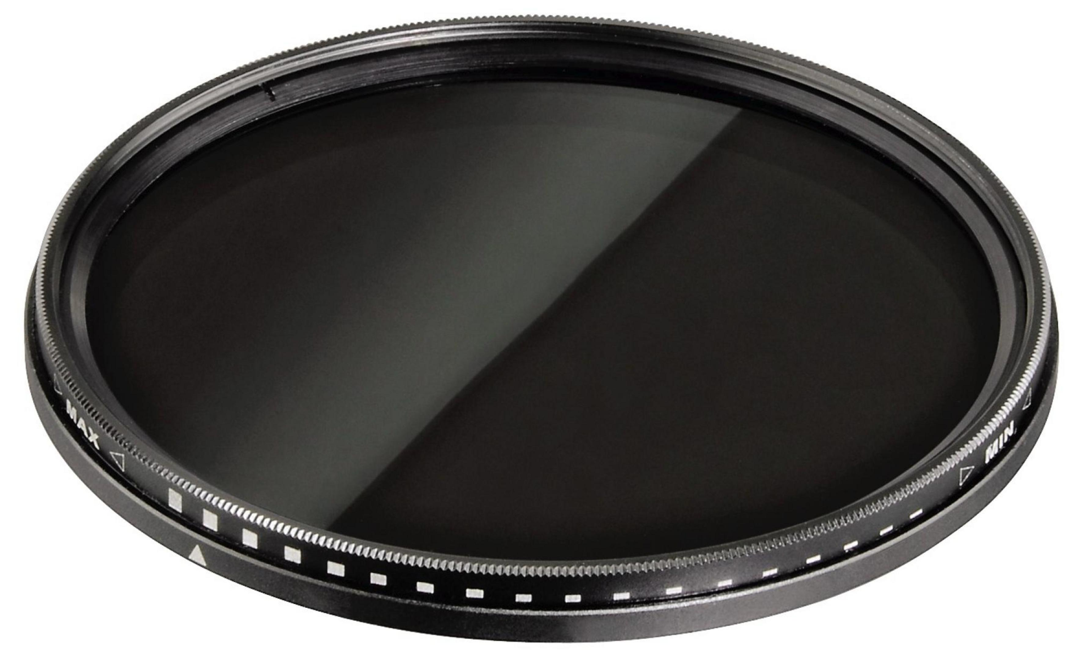 Un filtro per obiettivo scuro con cornice in metallo nero e segni max/min.