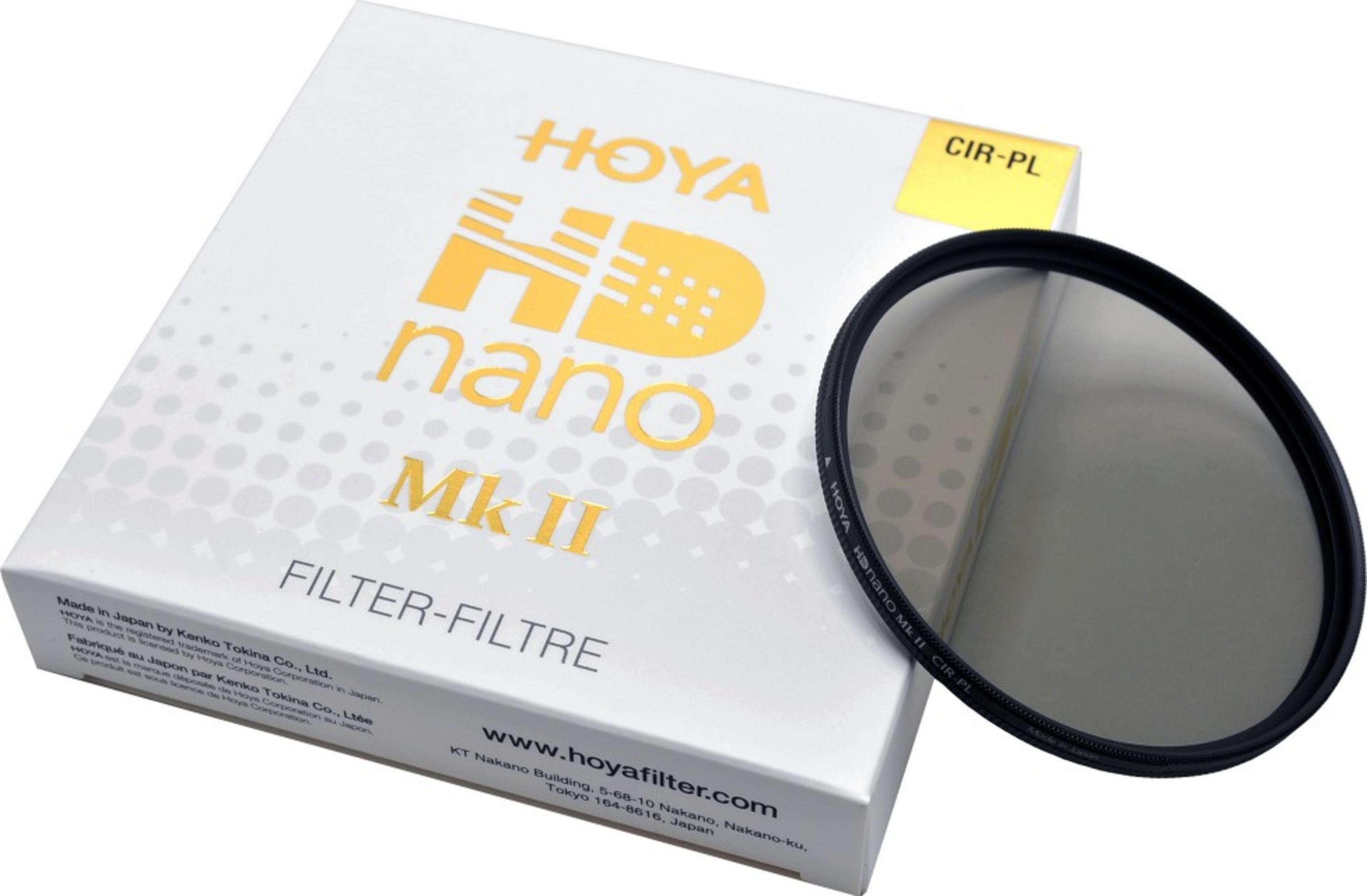Eine Hoya HD nano Mk II CIR-PL-Filterpackung mit einem Filter daneben.