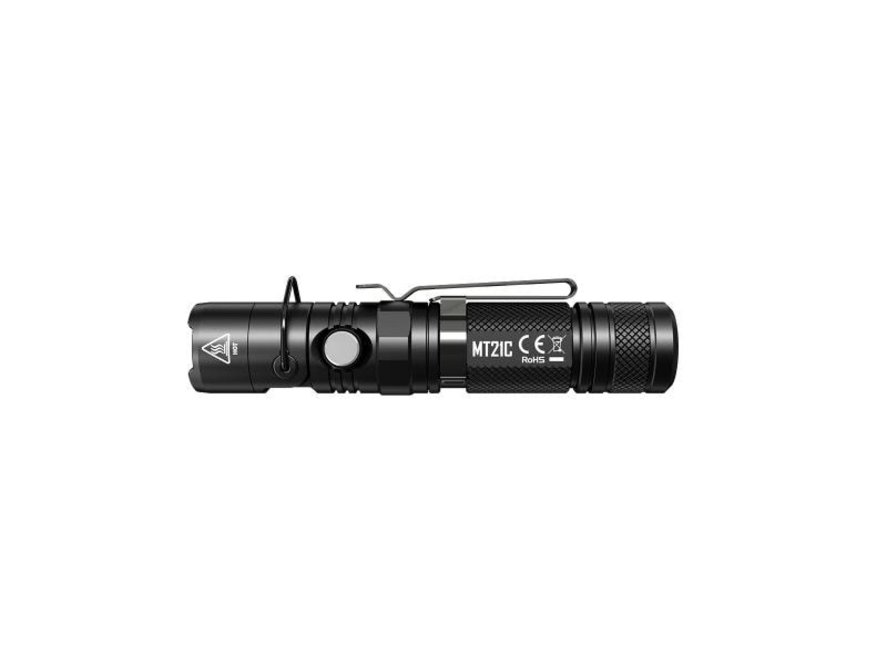 Lampe de poche noire avec symbole "HOT", bouton et inscription MTZIC CE ROHS.
