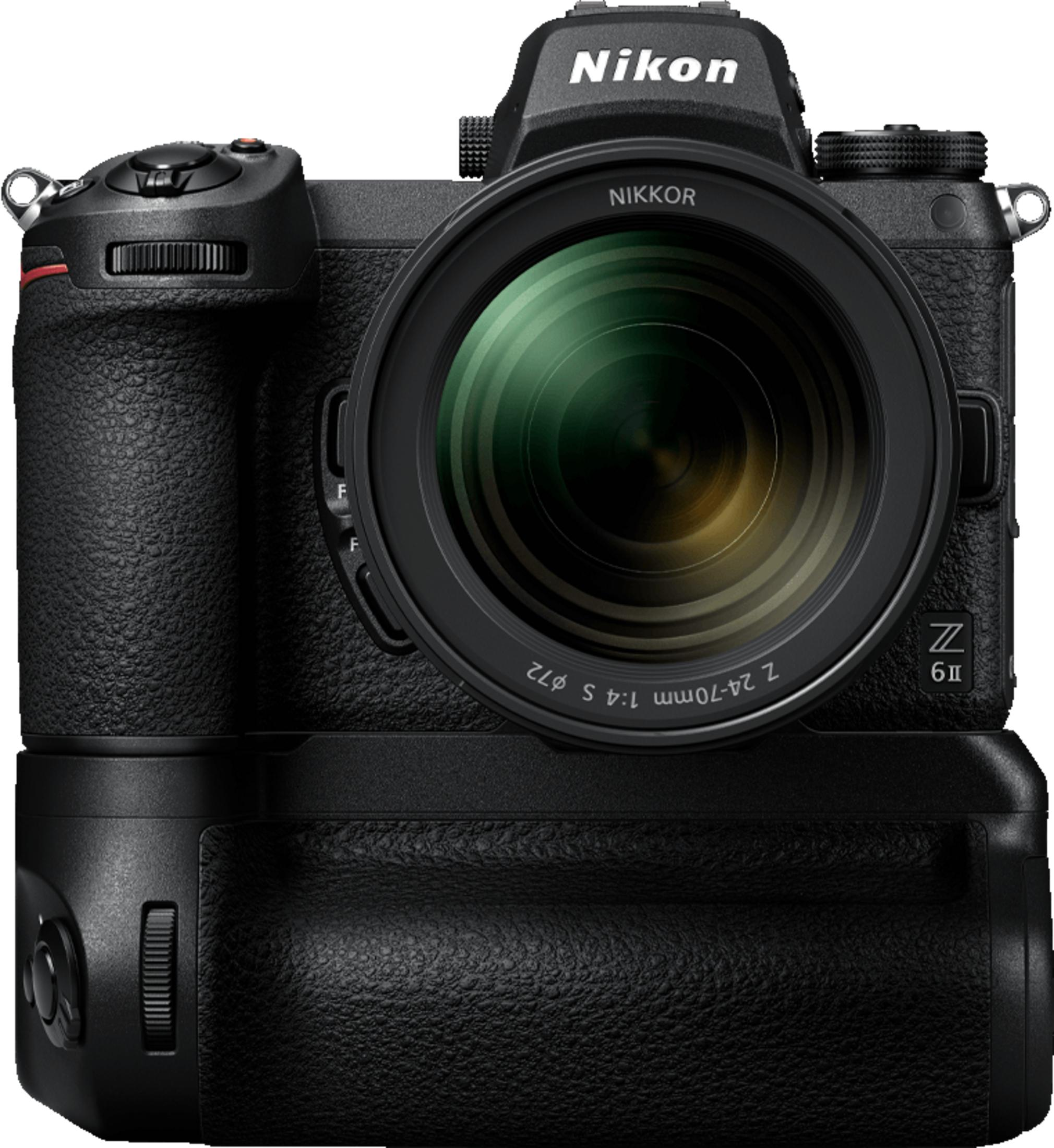 Schwarze Nikon Z6II Kamera mit NIKKOR 24-70mm f/4 S Objektiv und Batteriegriff.